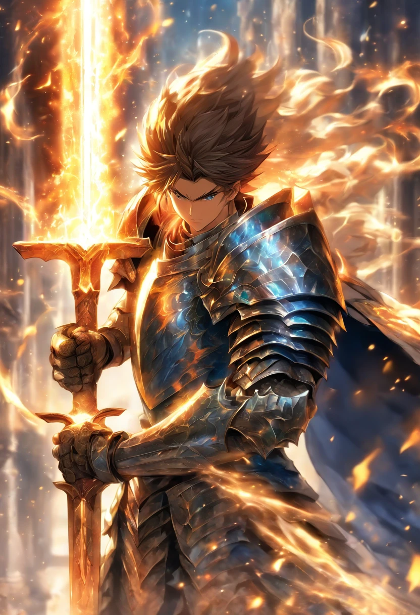 In a world of magic and dragons, a knight stands out with his modern suit of silver-plated armor. His brown hair is neatly combed, and his blue eyes shine with determination. He holds a war hammer in one hand and a shield in the other, ready to face any challenge. His cape, adorned with golden trim, adds a touch of elegance to his otherwise battle-ready appearance.