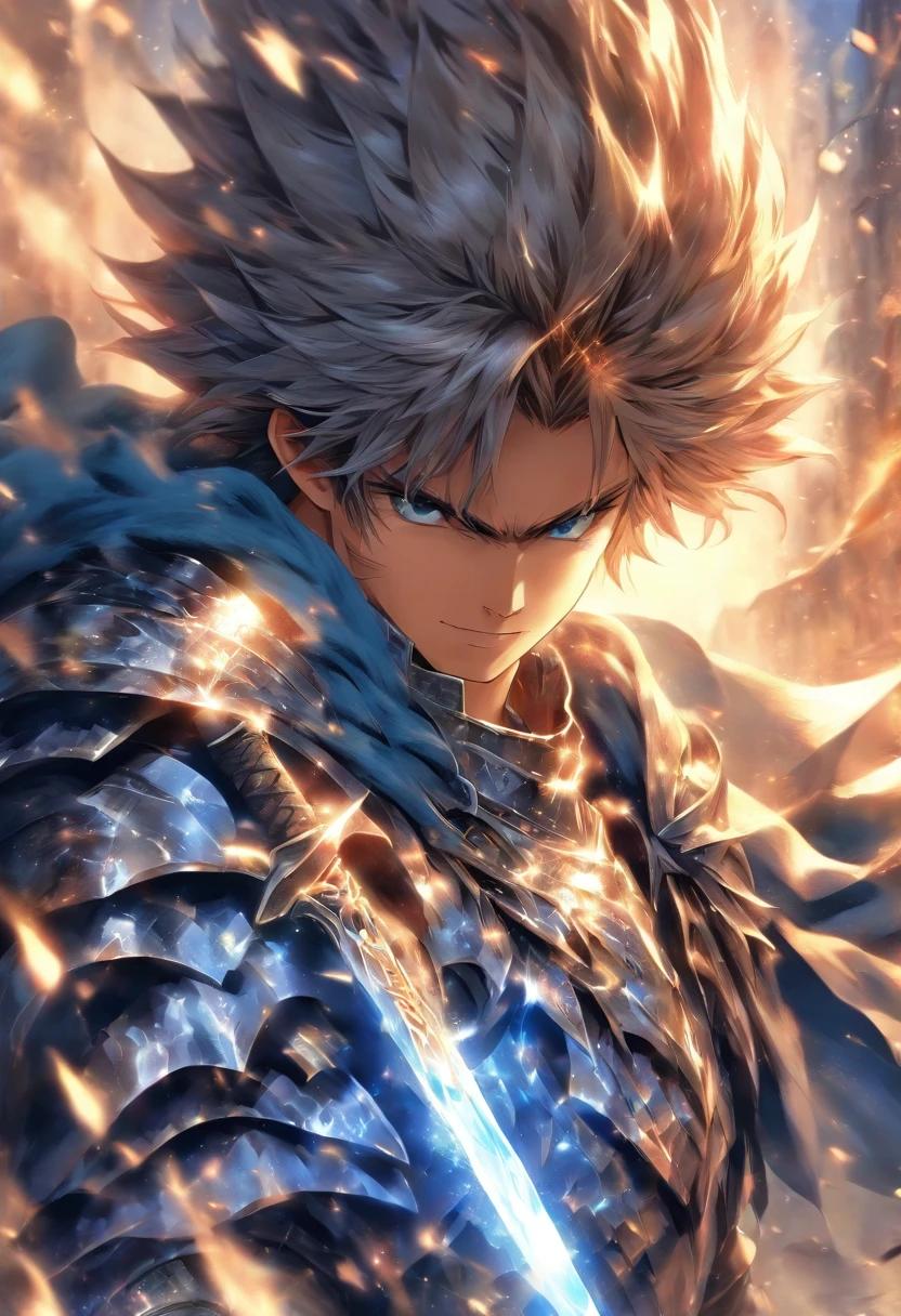 In a world of magic and dragons, a knight stands out with his modern suit of silver-plated armor. His brown hair is neatly combed, and his blue eyes shine with determination. He holds a war hammer in one hand and a shield in the other, ready to face any challenge. His cape, adorned with golden trim, adds a touch of elegance to his otherwise battle-ready appearance.