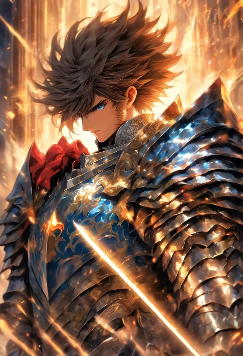 In a world of magic and dragons, a knight stands out with his modern suit of silver-plated armor. His brown hair is neatly combed, and his blue eyes shine with determination. He holds a war hammer in one hand and a shield in the other, ready to face any challenge. His cape, adorned with golden trim, adds a touch of elegance to his otherwise battle-ready appearance.