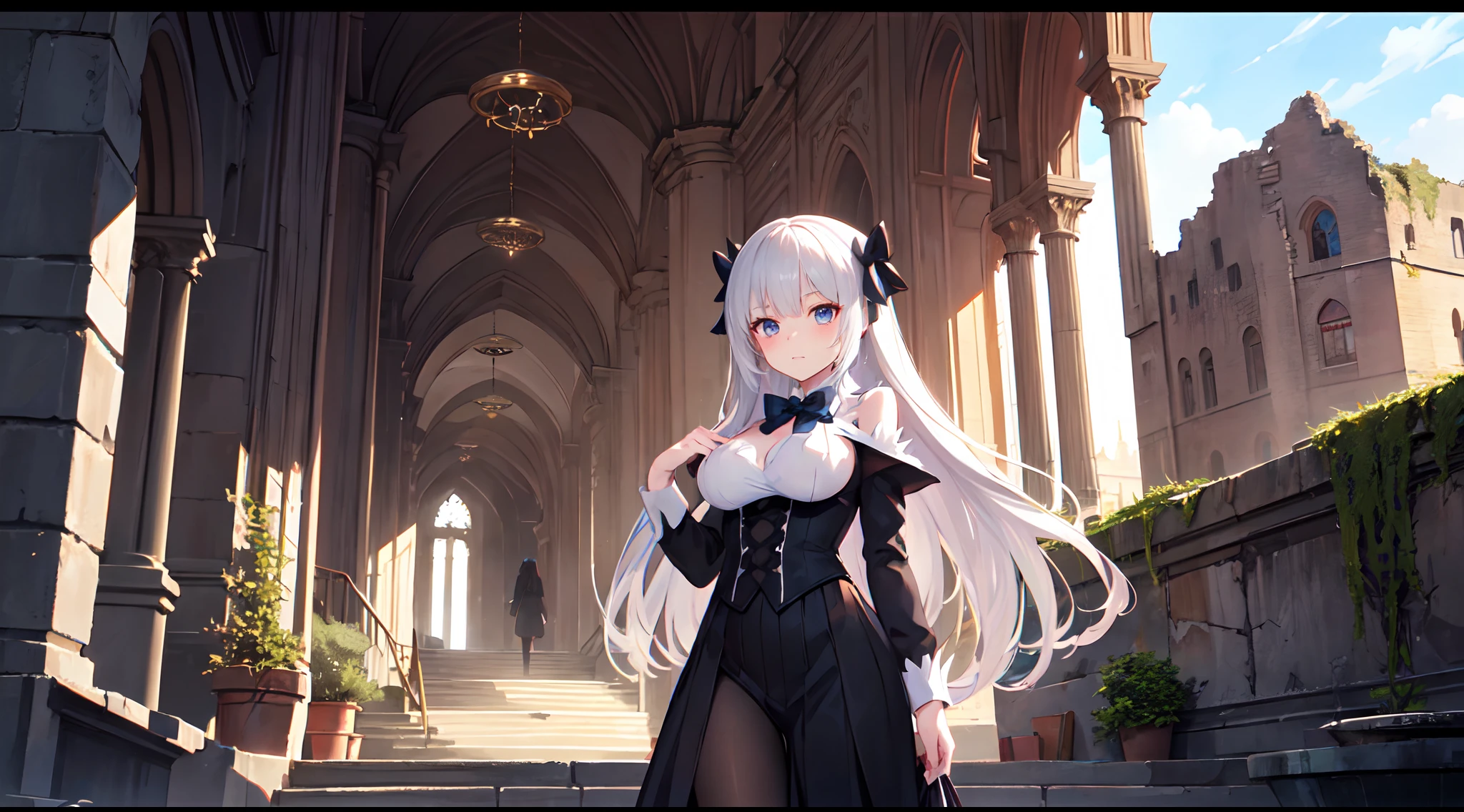 anime girl with long white hair and black outfit standing in front of a castle, alchemist girl, gapmoe yandere grimdark, ruins in the background, gothic maiden anime girl, castle in the background ), hestia, cushart krenz key art feminine, official art
