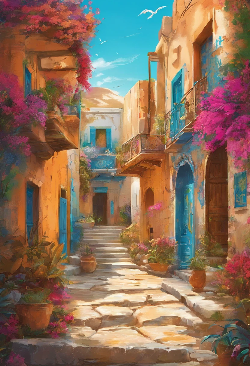 Ancient Greece,Aegean Sea ,—Width 672, landscape artwork, environment design illustration, scenery art detailed, Seaside view, concept-art, 4k highly detailed digital art, 4 k digital painting, 4k digital painting, stunning digital illustration, Desert background, digital painting concept art, Detailed digital painting