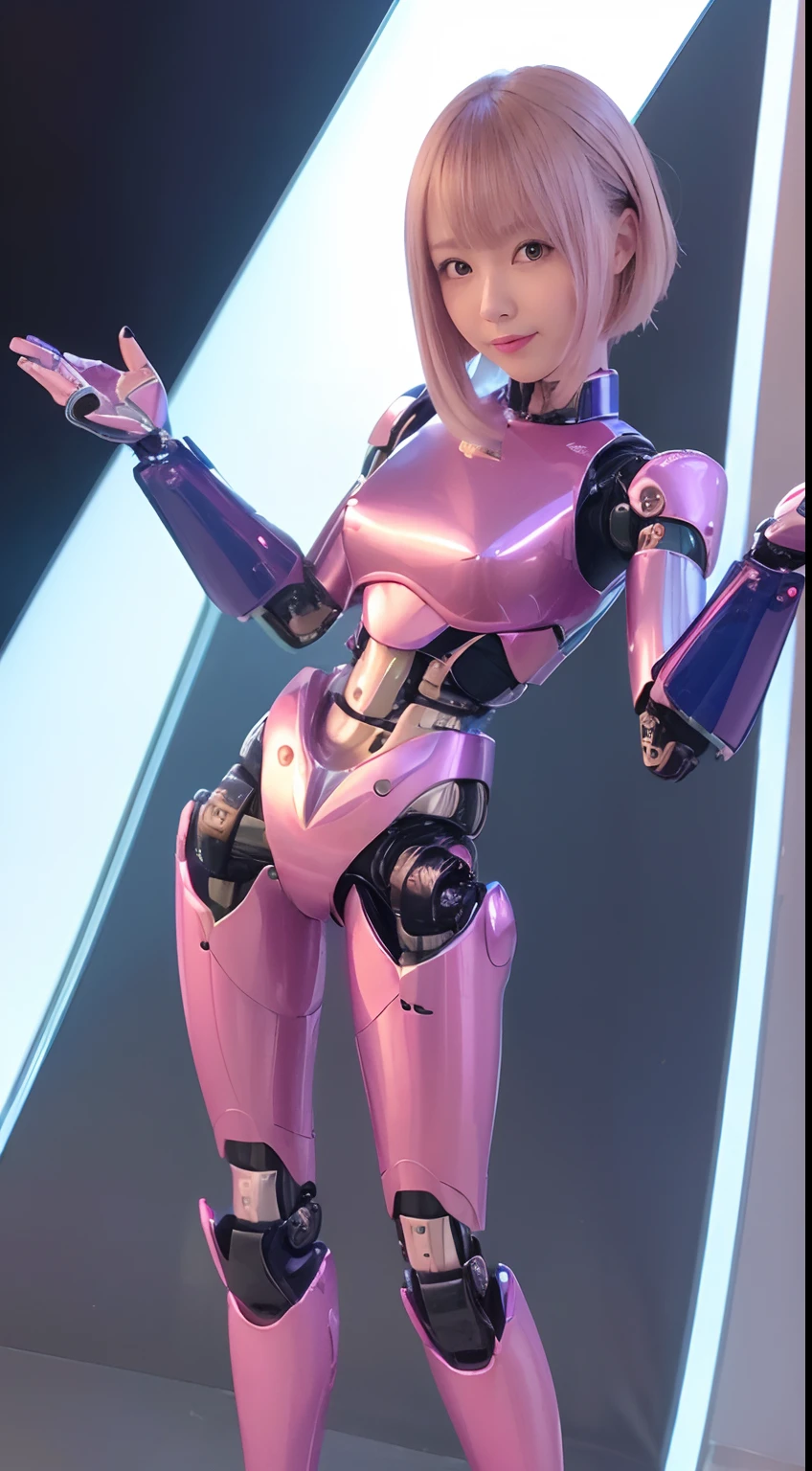 (masterpiece), best quality, expressive eyes, perfect face, blonde hair, curly hair, green eyes, robot, robot lady, robot features, female robot, solo, (pink metal:1.5), pink robot, small breasts, thick thighs, short hair, shy expression, metal face, robot face, hair over one eye