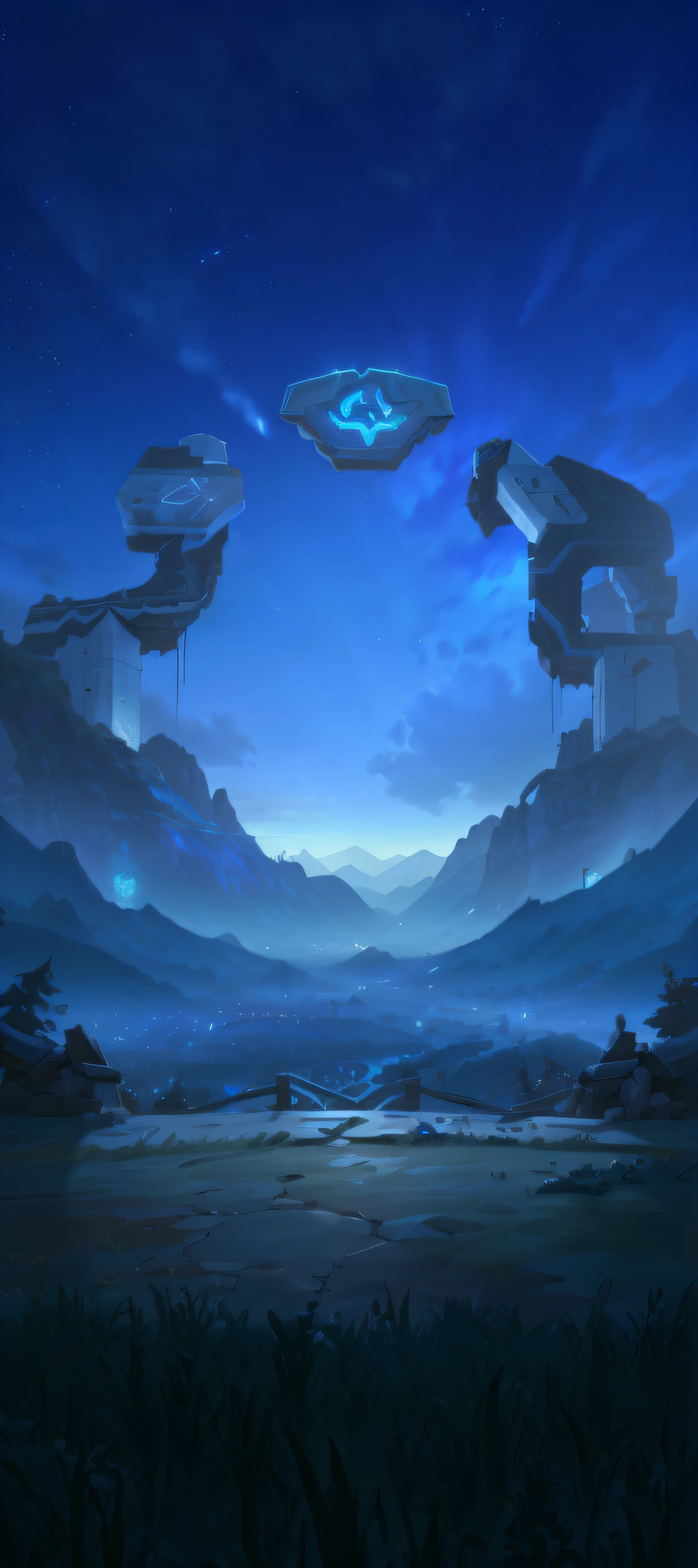 nighttime scene，Vast mountain range，Background image，League of Legends art style，unreal engine rendered