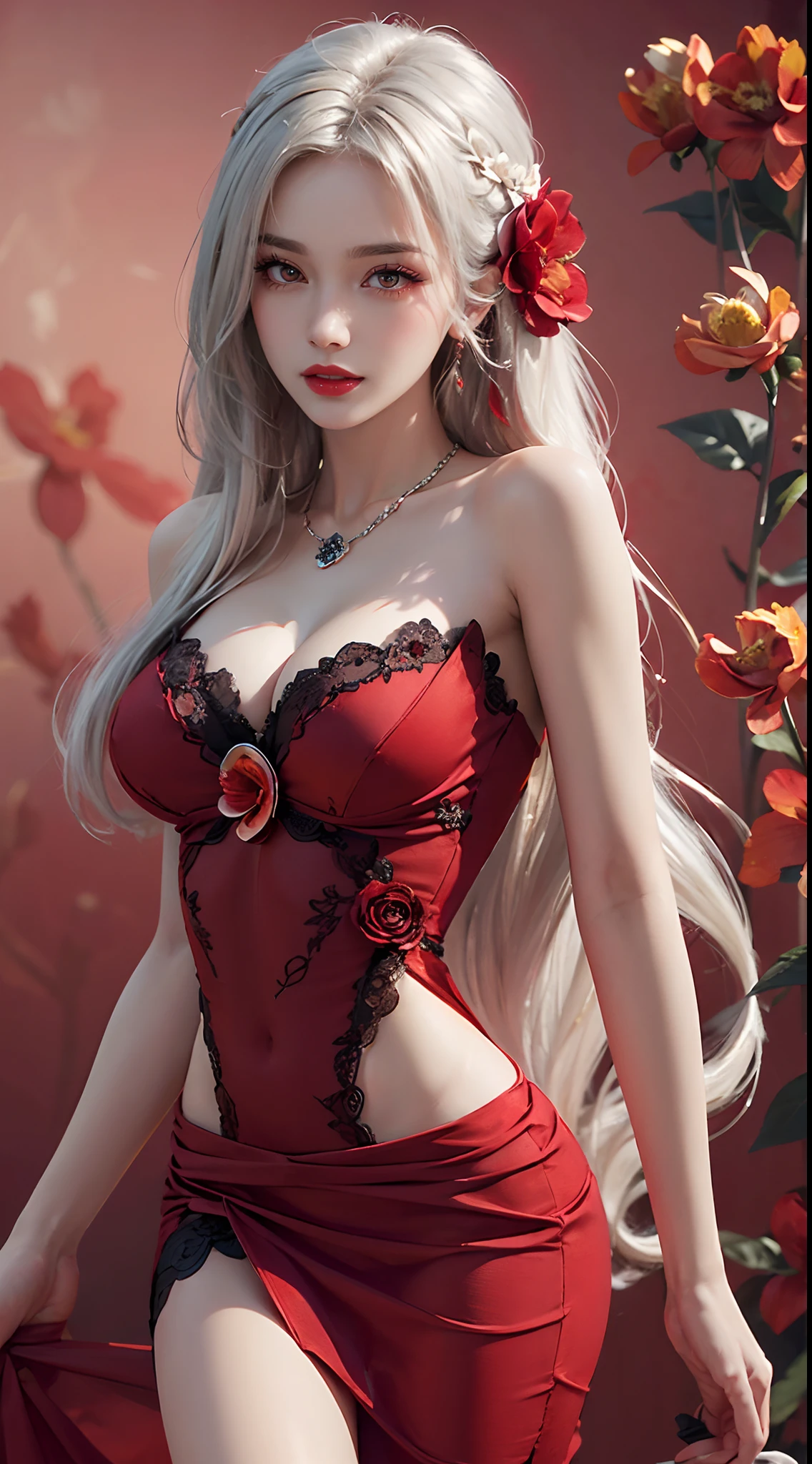 A beautiful and sexy 20 year old girl, ((wearing a super thin red dress:1.8)), dress with diamonds, ((long platinum hair:1.6)), bangs, elaborate jewelry made from stones noble and beautiful hair, ( (wearing black lace necklace:1.4))), noble, noble style of an extremely beautiful girl, super cute small face, very pretty face, eyebrows sparse, beautiful, flawless face, ((black eye pupils: 0.8) )), very beautiful eyes, ((light red eyes: 1.5)), beautiful makeup and hair, detailed eyelashes, makeup wet eyes, high nose, earrings, red lips, ((closed mouth: 1;5 )) beautiful lips, slim hands, most beautiful thighs, ((arms spread out to the sides: 1.5) ), pink face proud, clean face, flawless beautiful face, smooth white skin, (big breasts: 1.5)), ((high breasts: 1.6) ), firm breasts, beautiful cleavage, (((big and super breasts round: 1.8))), ((super tight breasts: 1.7)) , beautiful breasts, back sleeves, exposed chest, thin black mesh stockings with black lace border, perfect body, 8k photo, super high quality, super realistic, super 10x pixels, optical study, light studio, edge light, two-tone light, (high detail skin:1.2), super 8k, soft light, high quality, volumetric light, optical, high resolution optical , lighting, best photo, 4k, 8k quality, blur effect, smooth sharpness, 10 x pixels, ((red flower background:1.7)), aurora, lightning, super realistic graphics, map most realistic painting, alone, solo, extremely sharp image, surreal, upper body girl, (((frontal portrait: 1.6)))."