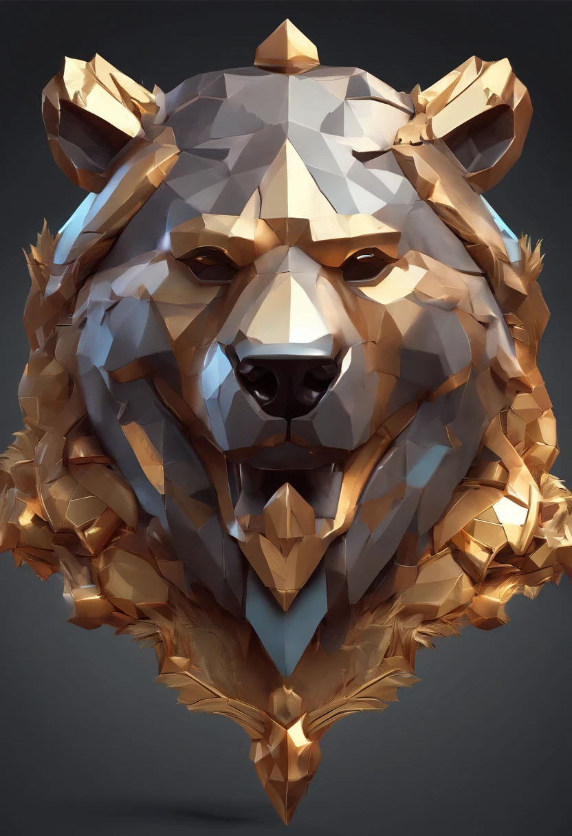Game medallion with metal bear head close-up with crown,Close-up of dragon head,hearthstone art style, Hearthstone style art, hearthstone concept art, Riot game concept art, style of league of legends, iconic character splash art, League of Legends crown,Game badge,Surrounding metal feathers,Orange gold,c4d渲染,Less detail,less detailing,Huge metal bear head in the middle,The head has gorgeous gemstones