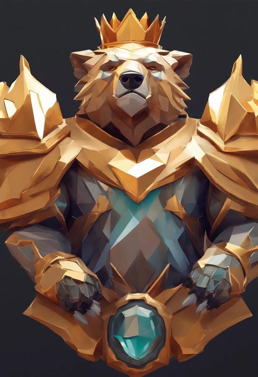 Game medallion with metal bear head close-up with crown，Close-up of dragon head，hearthstone art style, Hearthstone style art, hearthstone concept art, Riot game concept art, style of league of legends, iconic character splash art, League of Legends crown，Game badge，Surrounding metal feathers，Orange gold，c4d渲染，Less detail，less detailing，Huge metal bear head in the middle，The head has gorgeous gemstones
