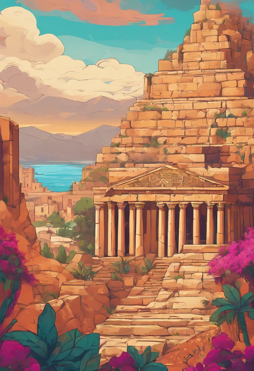 Ancient Greece,Temple ,—width 672, landscape artwork, environment design illustration, scenery art detailed, Seaside view, concept-art, 4k highly detailed digital art, 4 k digital painting, 4k digital painting, stunning digital illustration, Desert background, digital painting concept art, Detailed digital painting