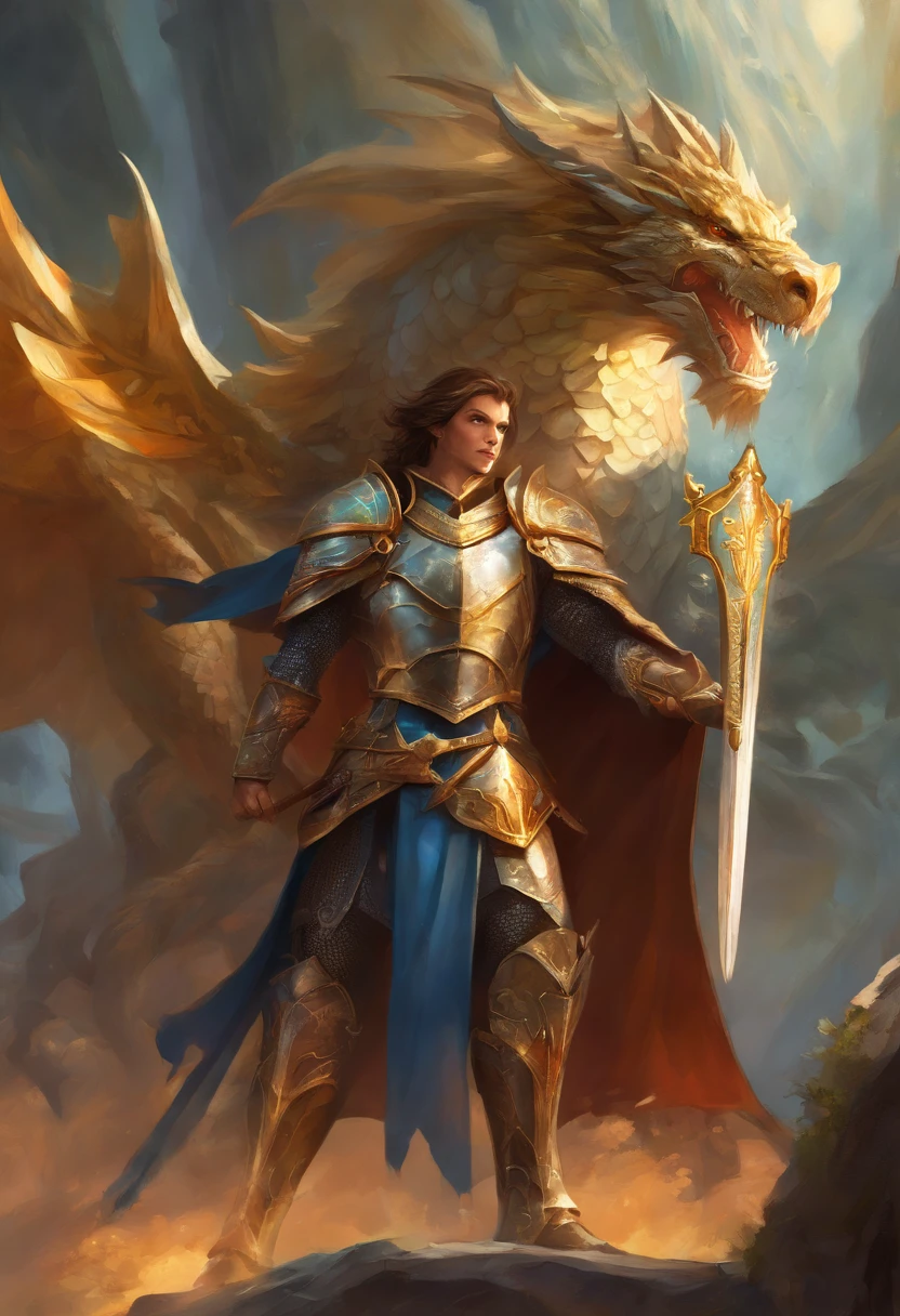 In a world of magic and dragons, a knight stands out with his modern suit of silver-plated armor. His brown hair is neatly combed, and his blue eyes shine with determination. He holds a war hammer in one hand and a shield in the other, ready to face any challenge. His cape, adorned with golden trim, adds a touch of elegance to his otherwise battle-ready appearance.