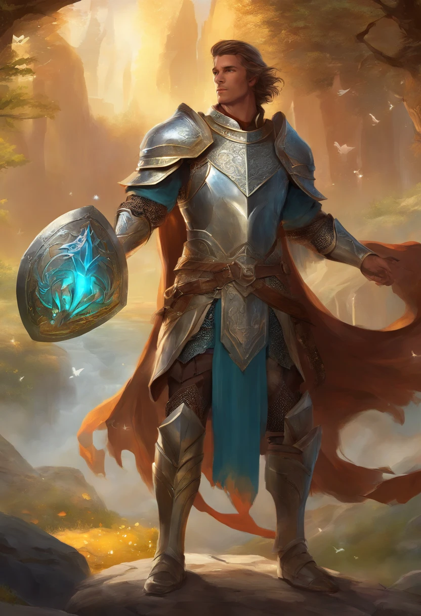 In a world of magic and dragons, a knight stands out with his modern suit of silver-plated armor. His brown hair is neatly combed, and his blue eyes shine with determination. He holds a war hammer in one hand and a shield in the other, ready to face any challenge. His cape, adorned with golden trim, adds a touch of elegance to his otherwise battle-ready appearance.