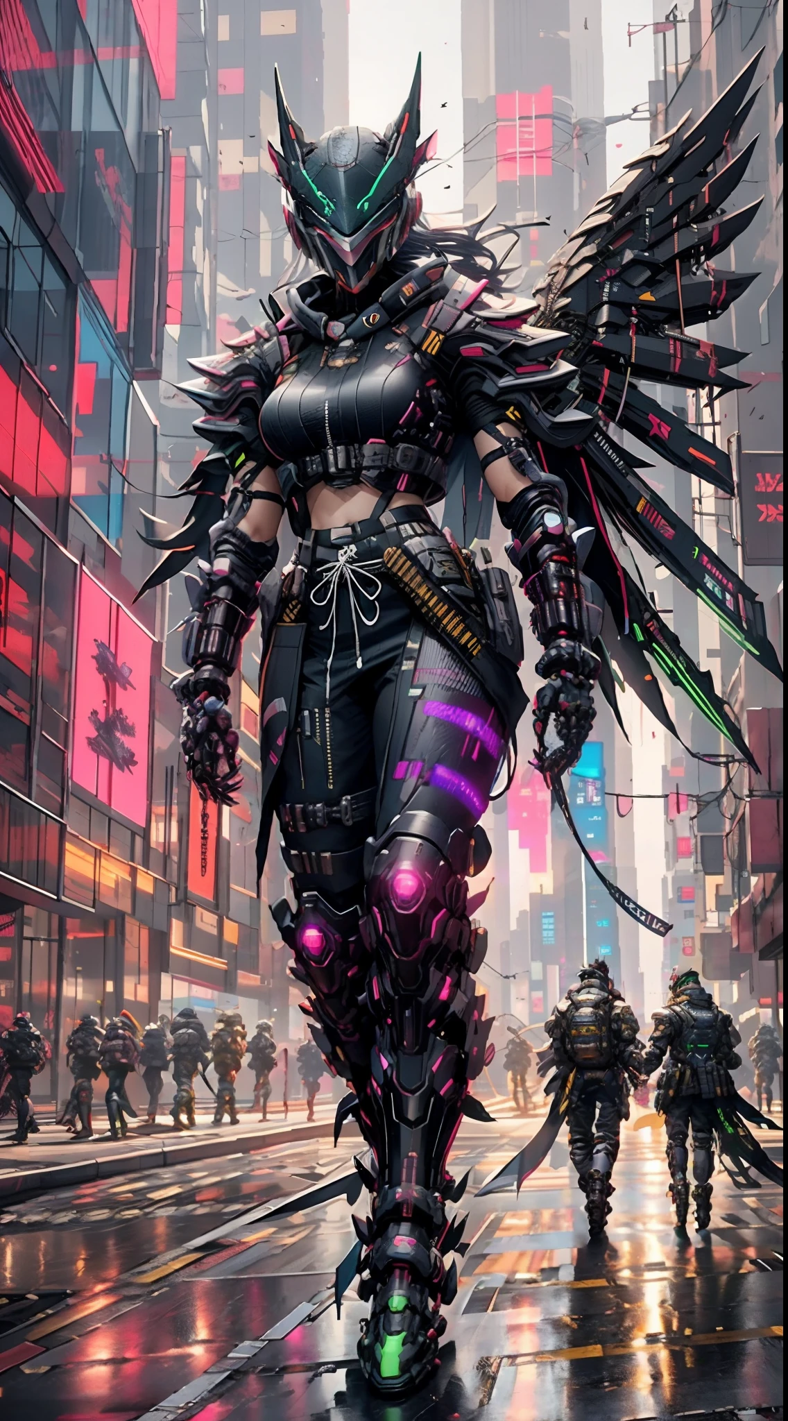 full body shot shot,There was a woman dressed in black and green,Perfect looks,Carrying a rucksack, cyberpunk face mask,Cyberpunk super long hair,cyberpunk streetwear, cyberpunk suit, cyberpunk street goon, Cyberpunk long cape,A cyberpunk extra-long mechanical tail is attached to the tail vertebrae,cyberpunk wearing, cyberpunk techwear, muted cyberpunk style, has cyberpunk style, cyber punk style, wearing cyberpunk streetwear, cyberpunk soldier, Hyper-realistic cyberpunk style, cyberpunk character design, all black cyberpunk clothes, Raven in cyber armor, Cyberpunk clothes