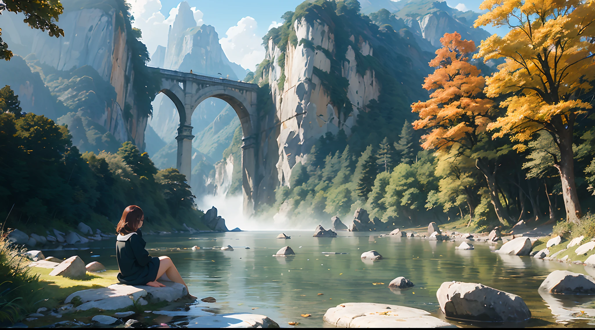 (1 girl, sitting on stones), (great rivers, imposing, rushing currents, waves lapping against stones on the shore), (mountains, towering, majestic, continuous, vegetation cover), (fallen leaves, flying fallen leaves, yellow fallen leaves, withered fallen leaves, green fallen leaves, a lot of fallen leaves), masterpiece, 4k, high resolution, super detailed, rich in detail