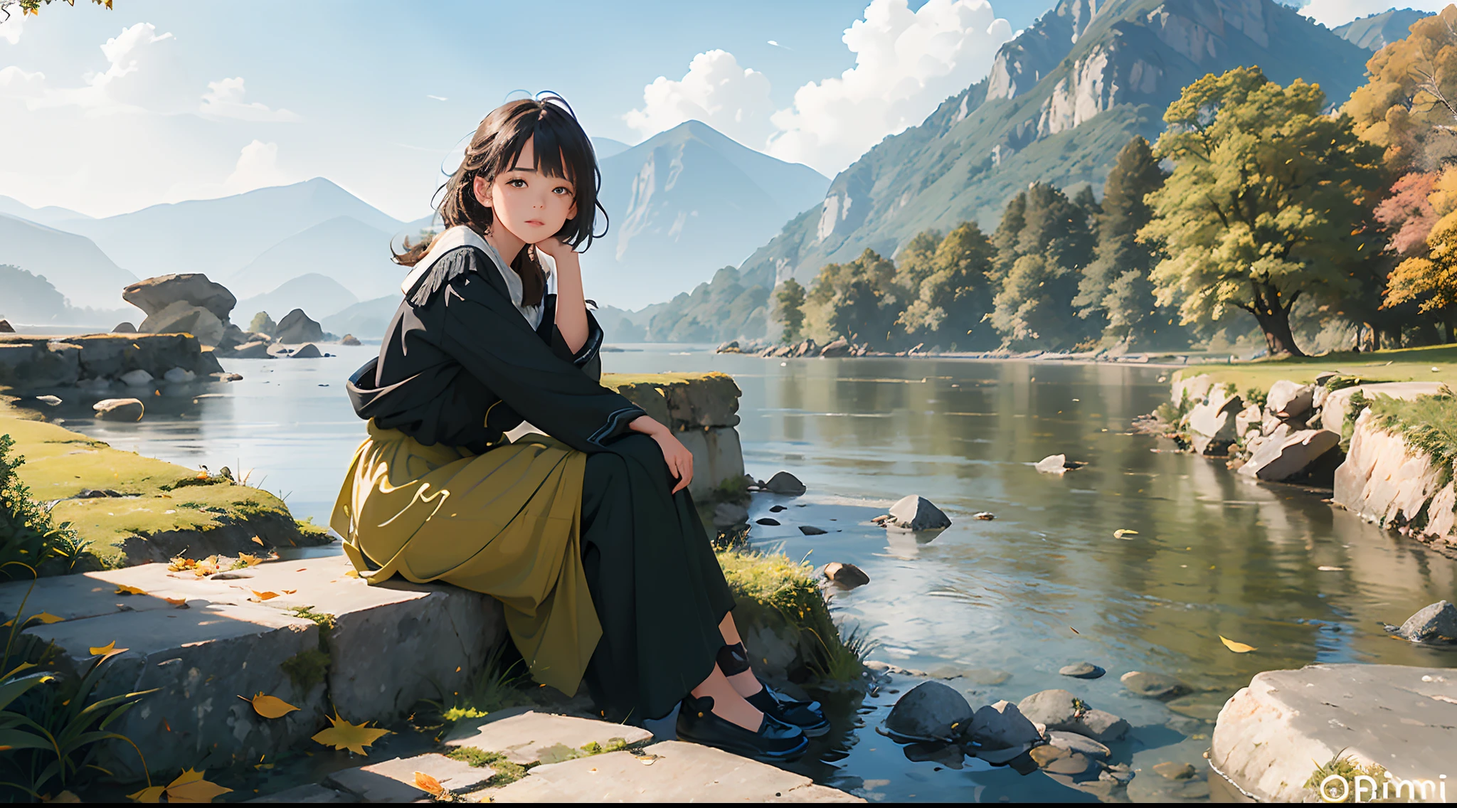(1 girl, sitting on stones), (great rivers, imposing, rushing currents, waves lapping against stones on the shore), (mountains, towering, majestic, continuous, vegetation cover), (fallen leaves, flying fallen leaves, yellow fallen leaves, withered fallen leaves, green fallen leaves, a lot of fallen leaves), masterpiece, 4k, high resolution, super detailed, rich in detail