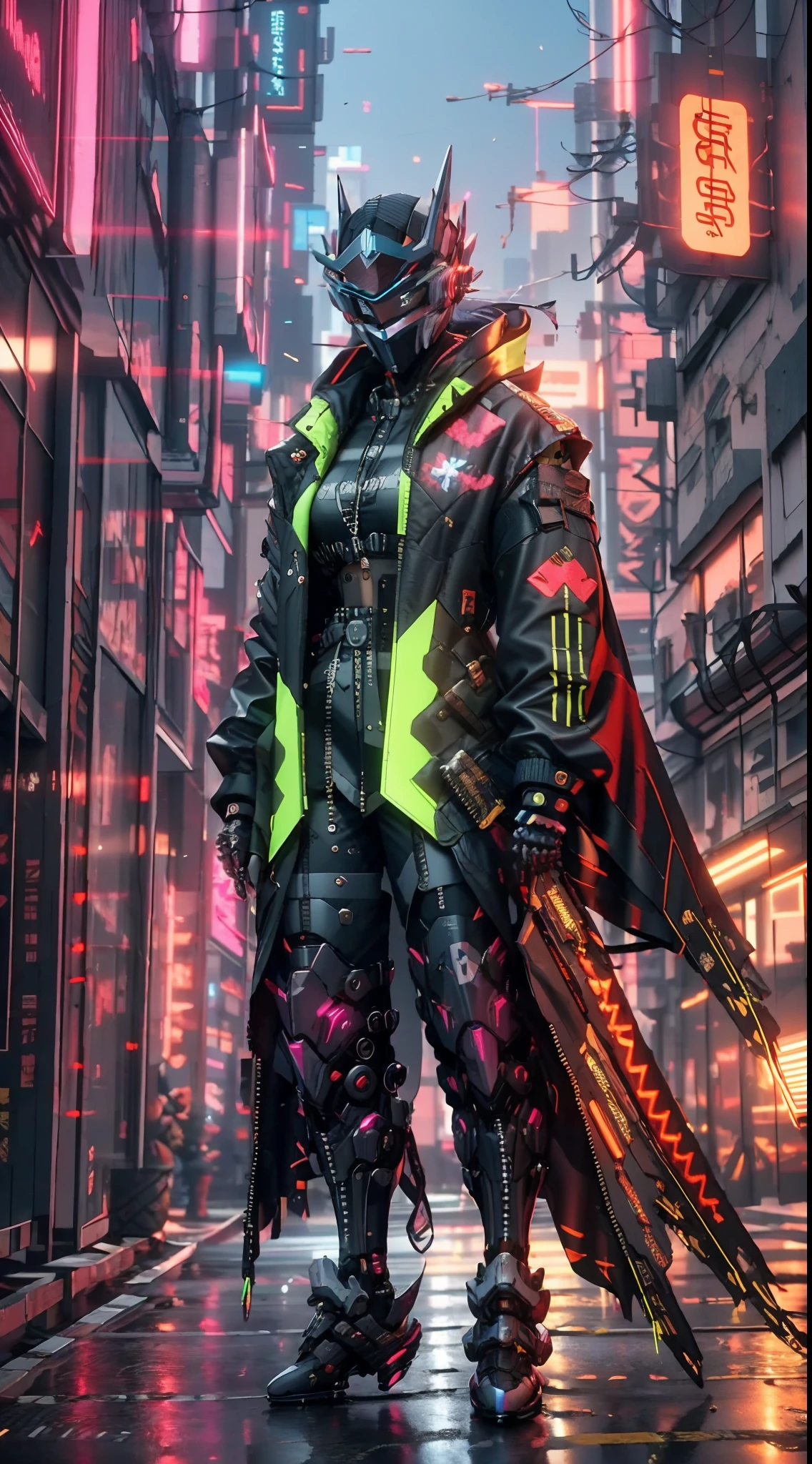 full body shot shot，There was a woman dressed in black and green，Perfect looks，Carrying a rucksack, cyberpunk face mask，Cyberpunk super long hair，cyberpunk streetwear, cyberpunk suit, cyberpunk street goon, Cyberpunk long cape，A cyberpunk extra-long mechanical tail is attached to the tail vertebrae，cyberpunk wearing, cyberpunk techwear, muted cyberpunk style, has cyberpunk style, cyber punk style, wearing cyberpunk streetwear, cyberpunk soldier, Hyper-realistic cyberpunk style, cyberpunk character design, all black cyberpunk clothes, Raven in cyber armor, Cyberpunk clothes