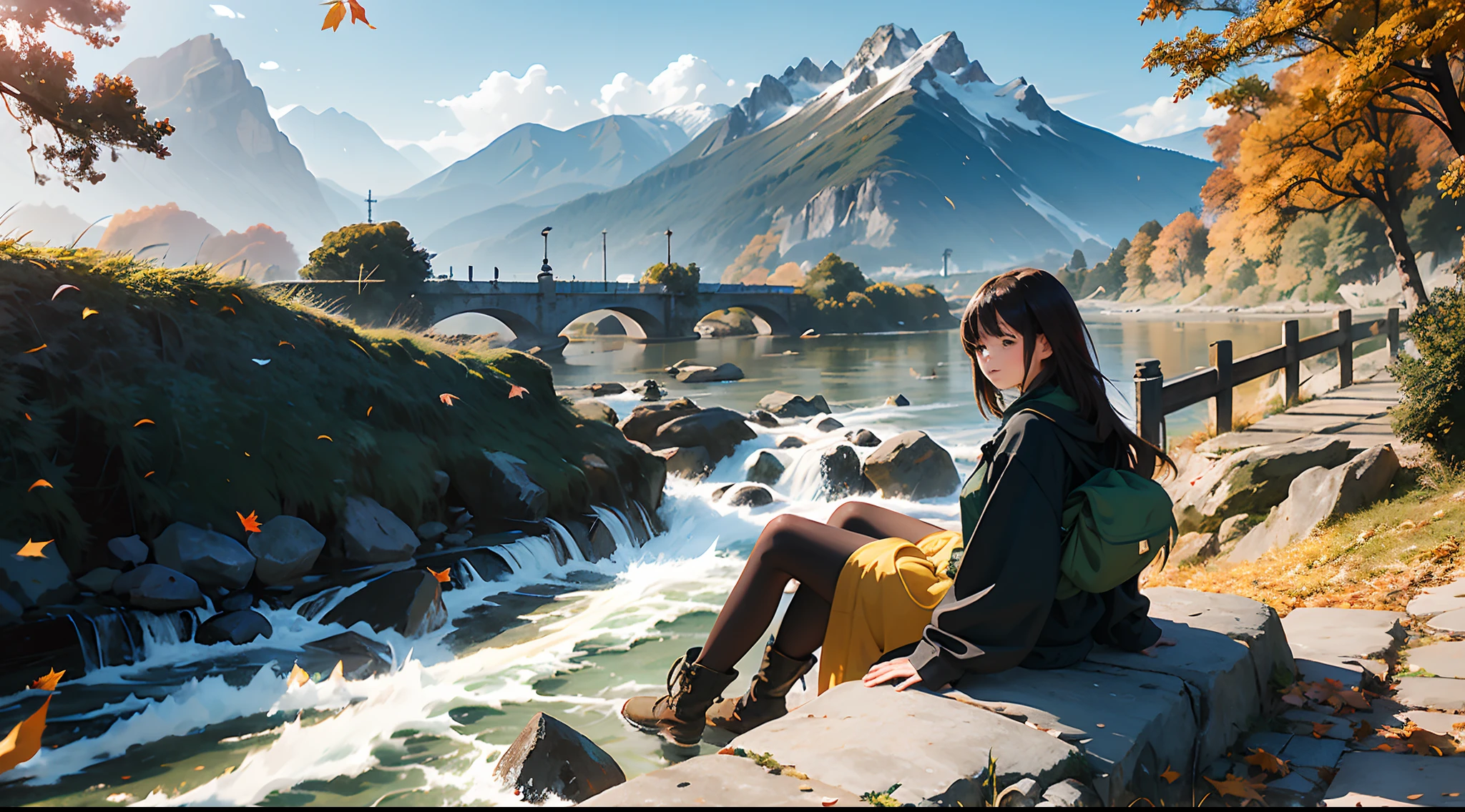 (1 girl, sitting on stones), (great rivers, imposing, rushing currents, waves lapping against stones on the shore), (mountains, towering, majestic, continuous, vegetation cover), (fallen leaves, flying fallen leaves, yellow fallen leaves, withered fallen leaves, green fallen leaves, a lot of fallen leaves), masterpiece, 4k, high resolution, super detailed, rich in detail