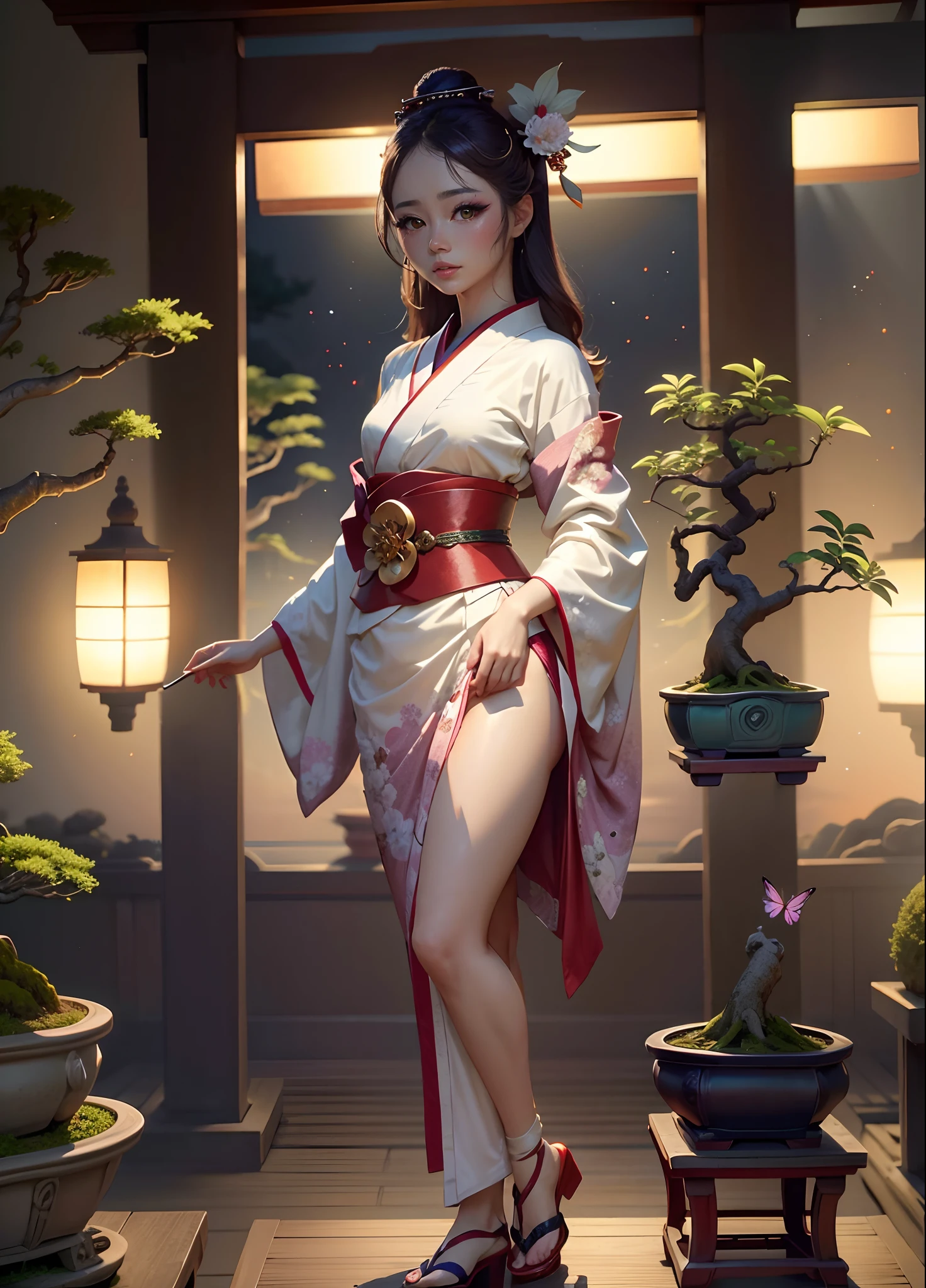 breathtaking, seductive standing pose, (mystical), (portrait of geisha girl relaxing in fantasy fairytale dreamscape world), (white pale skin:1.1), (wearing colorful kimono), (modestly dressed), sexy, (see through), long sleeve, slim body, (small breasts), epic, (city of japanese temple, pandora world, bamboo forest), fantasy, fairytale, highly detailed, no bra, (waterfall, bonsai garden, mount of bonsai tree), bueatiful sky, 45mm f1.8, elegant delicate beautiful, full of sakura, shiny, surrounded by nucolored butterfly, award-winning, professional, highly detailed