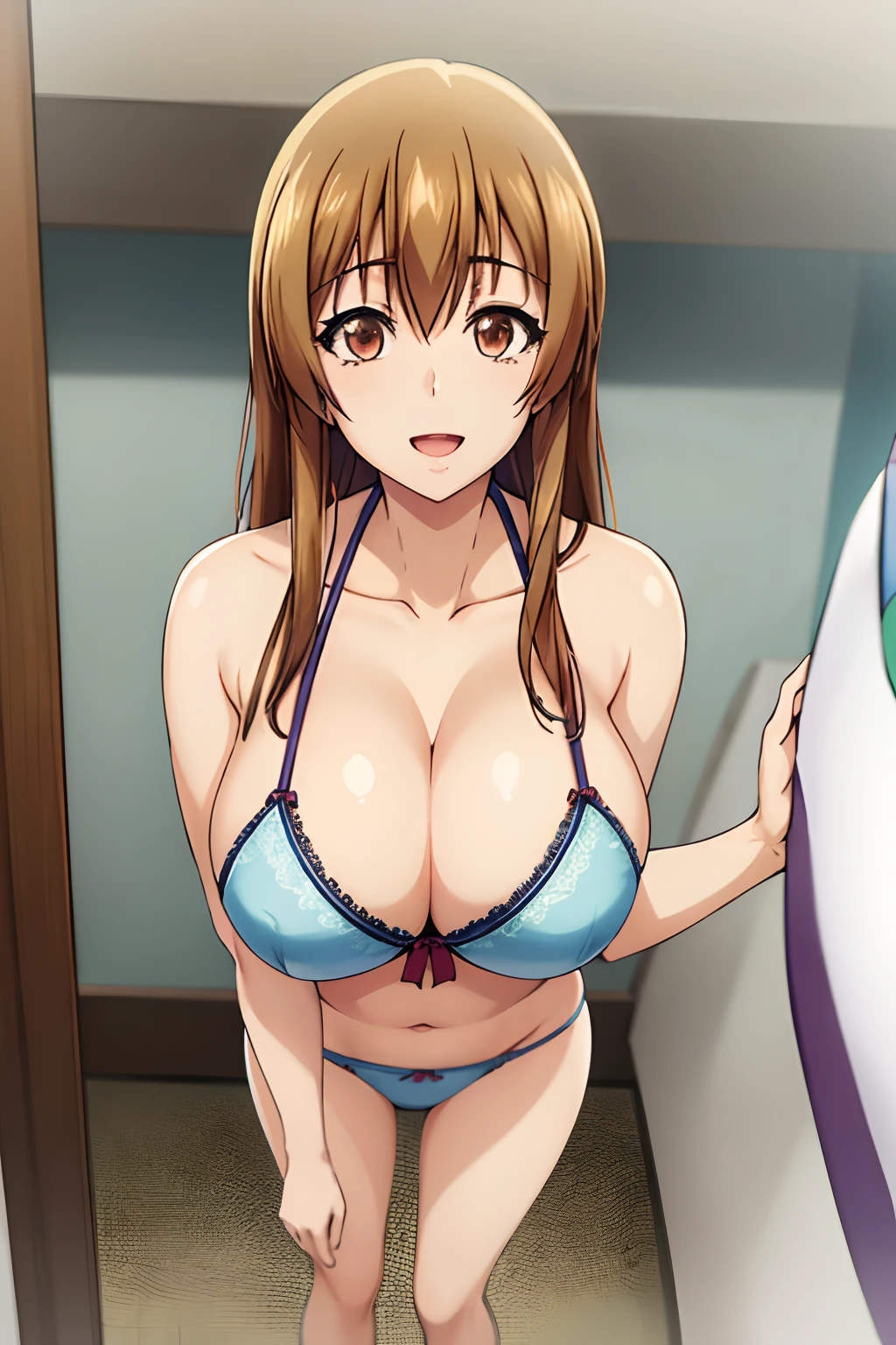 best quality, (masterpiece:1.2), highly detailed, 1girl, kotegawa nanaka, bra, panties, lingerie, looking at viewer, slight smile, open mouth, brown eyes, brown hair, long hair, bikini, (huge tits), cleavage, busty, fullbody, at room,