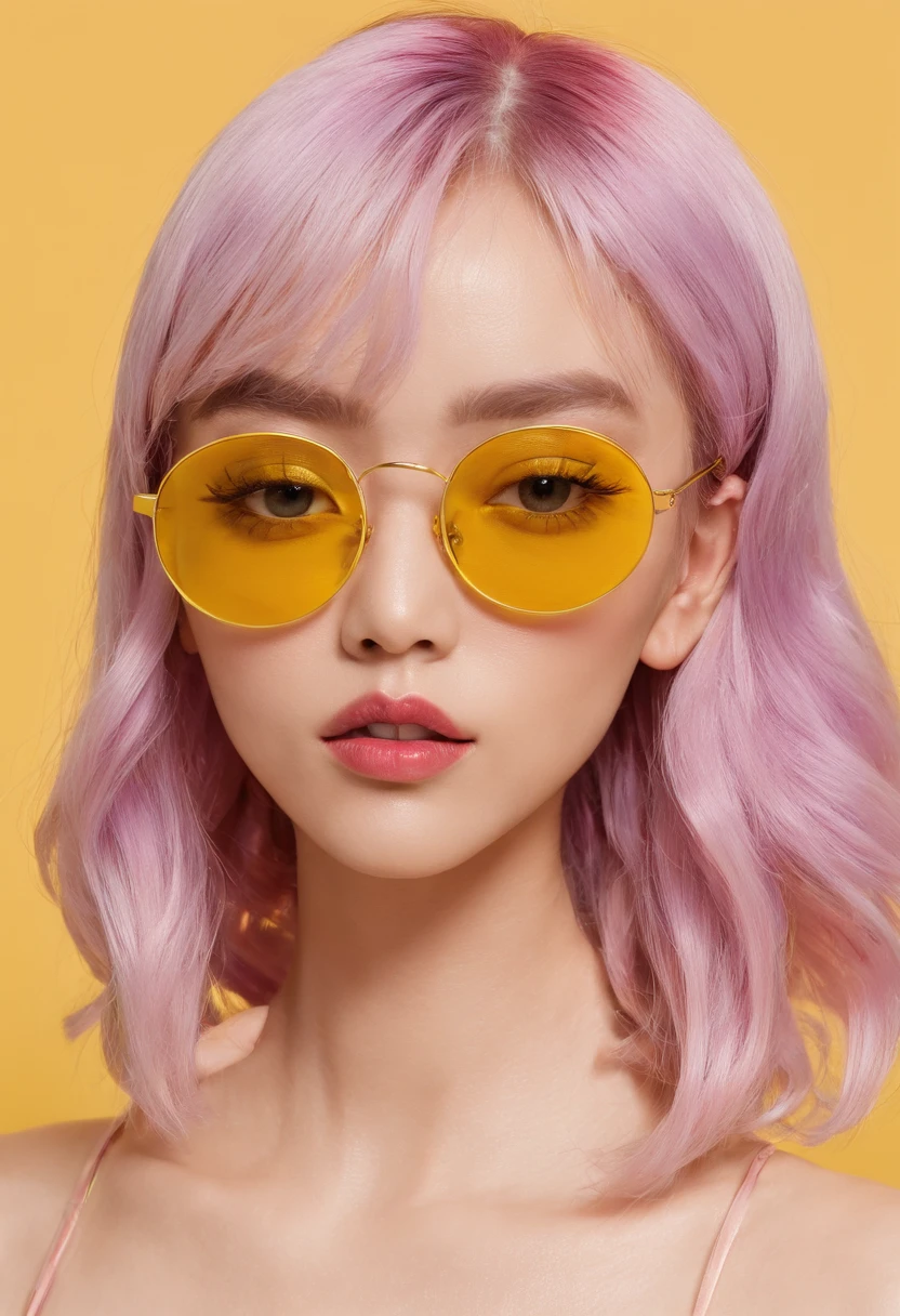 yae miko wearing trendy yellow sunglasses, yellow background, pink hair, purple eyes