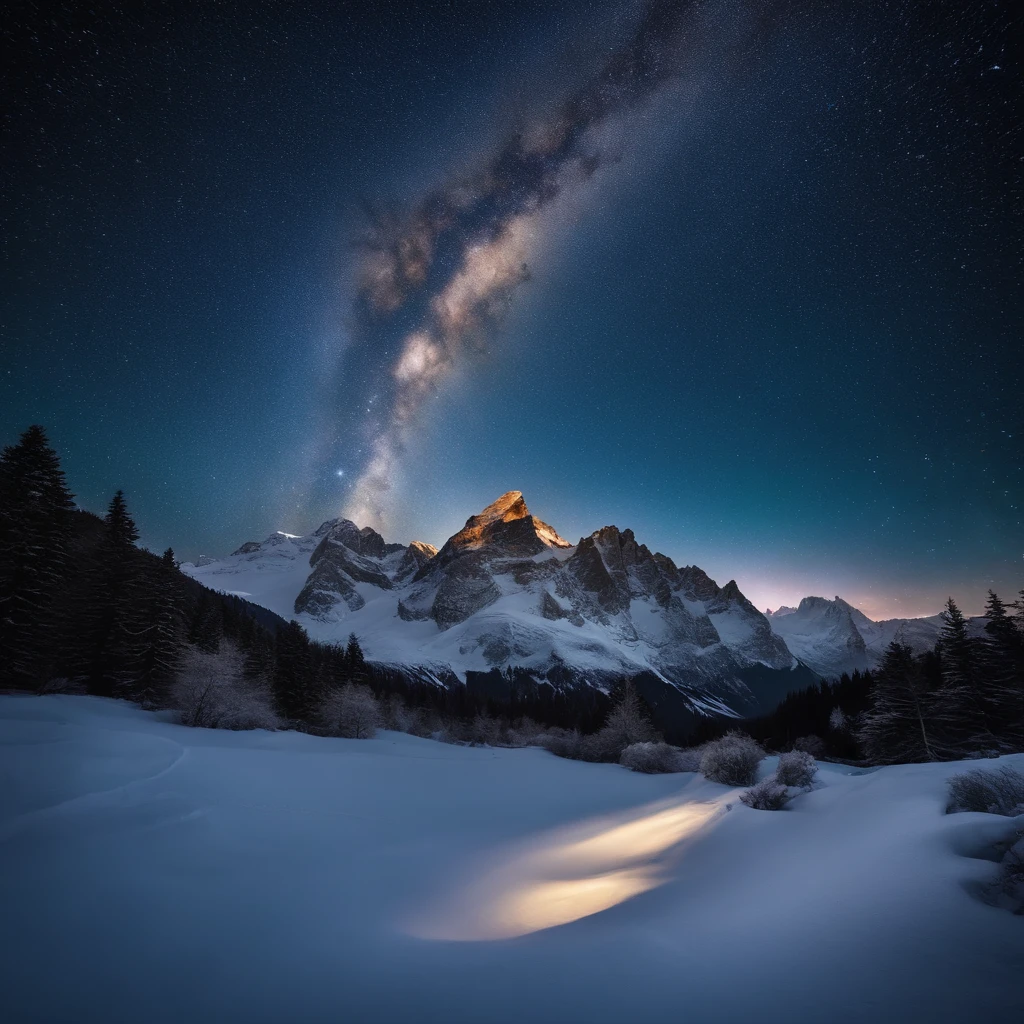Master Parts、Superior Quality、superior image quality、The 8k quality、Beautiful pictures of the starry sky、magnifica、Arched Milky Way:1.9、snow mountains、Jungfrau