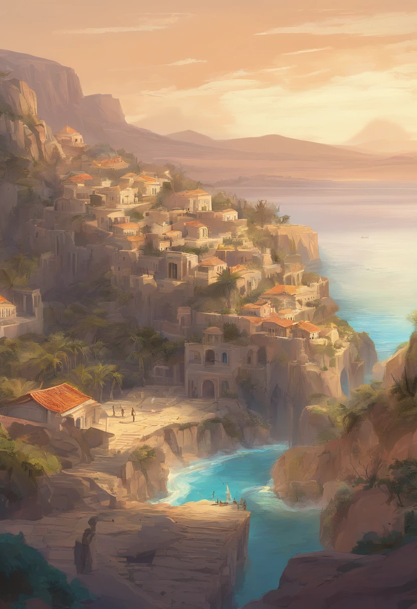 Ancient Greece，Aegean Sea ，—width 672, landscape artwork, environment design illustration, scenery art detailed, Seaside view, concept-art, 4k highly detailed digital art, 4 k digital painting, 4k digital painting, stunning digital illustration, Desert background, digital painting concept art, Detailed digital painting