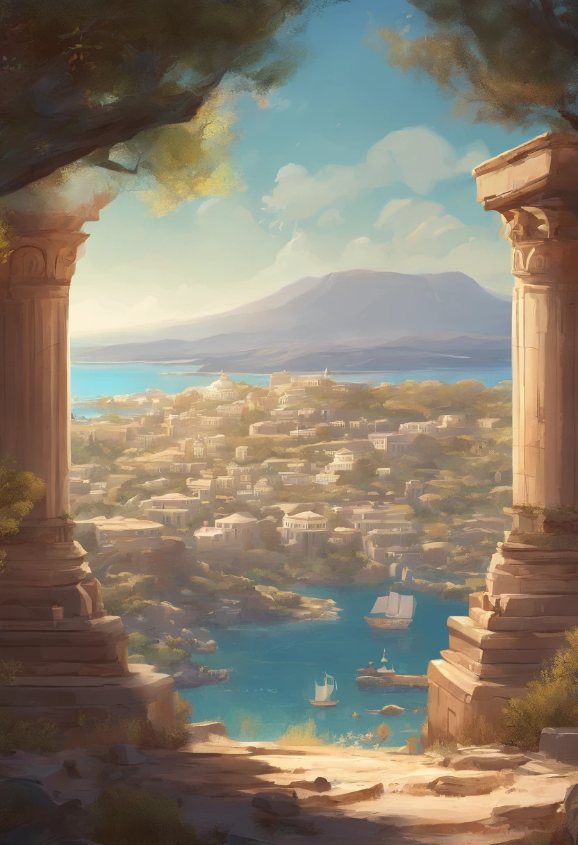 Ancient Greece,Aegean Sea ,—width 672, landscape artwork, environment design illustration, scenery art detailed, Seaside view, concept-art, 4k highly detailed digital art, 4 k digital painting, 4k digital painting, stunning digital illustration, Desert background, digital painting concept art, Detailed digital painting
