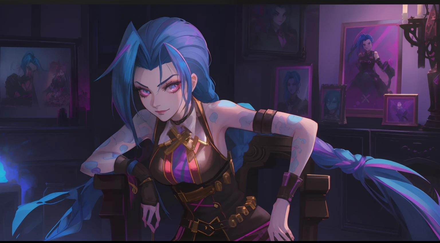 a close up of a woman sitting on a chair in a room, arcane jinx, portrait of jinx from arcane, league of legends art style, jinx from league of legends, league of legends style art, from league of legends, jinx expression, league of legends character art, league of legends concept art, jinx face, samira from league of legends