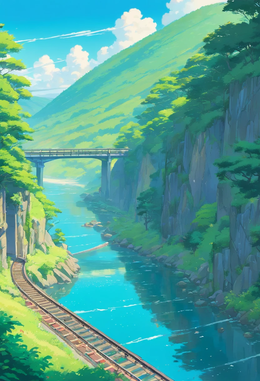 Obra maestra de alta calidad ,Paisaje,Anime train passing through bodies of water on the tracks, Cielo estrellado brillante。Romantic Train,Pisif,Concepto-Arte,Estilo de arte lofi,Reflectores。 por Makoto Shinkai, Arte Lofi, Hermosas escenas de anime, Paisajes de anime, detailed scenery —width 672, Al estilo de Makoto Shinkai, El estilo de Makoto Shinkai,Mejora de detalles