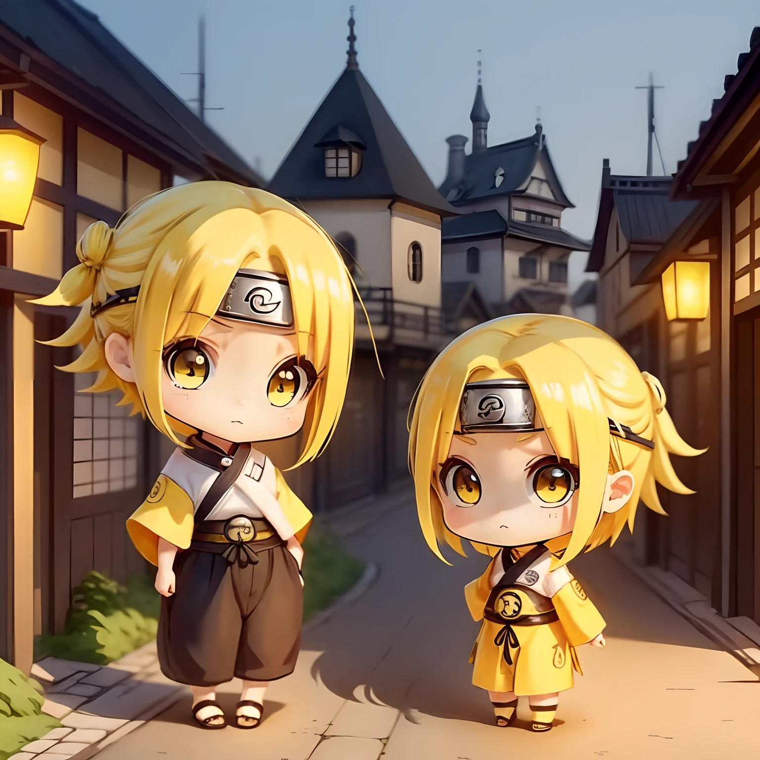 Edo townscape、animesque、Naruto Uzumaki Style、Chibi Chara、1:1 style、Chibi Girl、Two-headed body、Yellow shorthair、White ribbon on hair、Cheek spiral pattern、