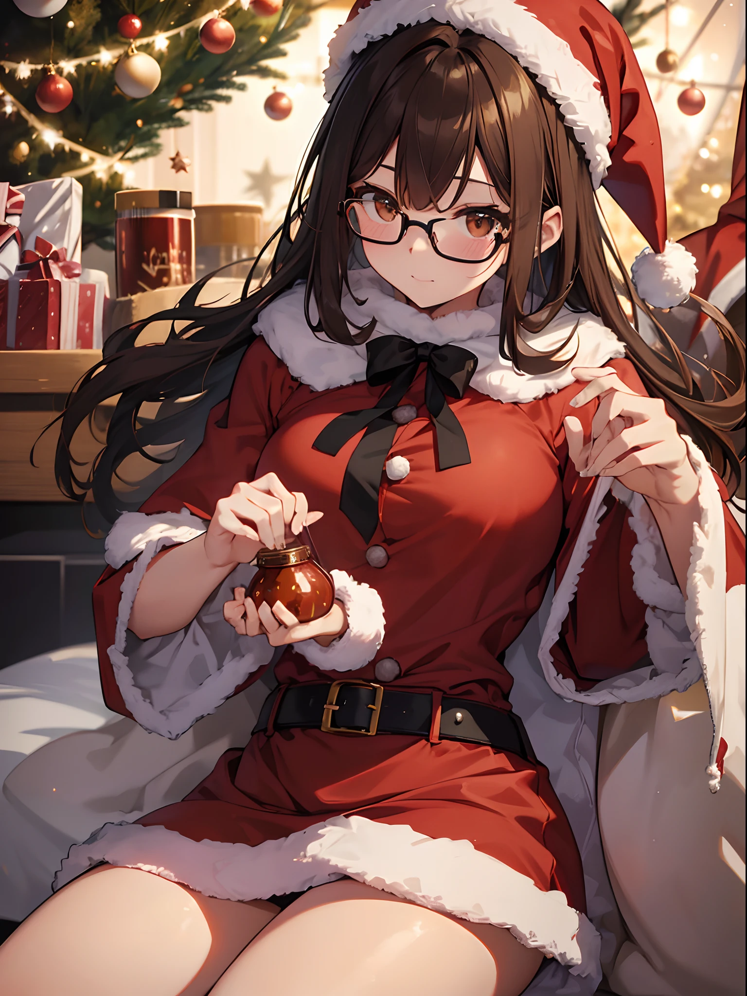 1人の女性、brown haired(Curta)、Brown eyes、Black-rimmed glasses、 Best Quality、ultra-detailliert、8K resolution、Raw photo、masutepiece、gorgeous faces、Perfect body、Christmas、Santa Costumes