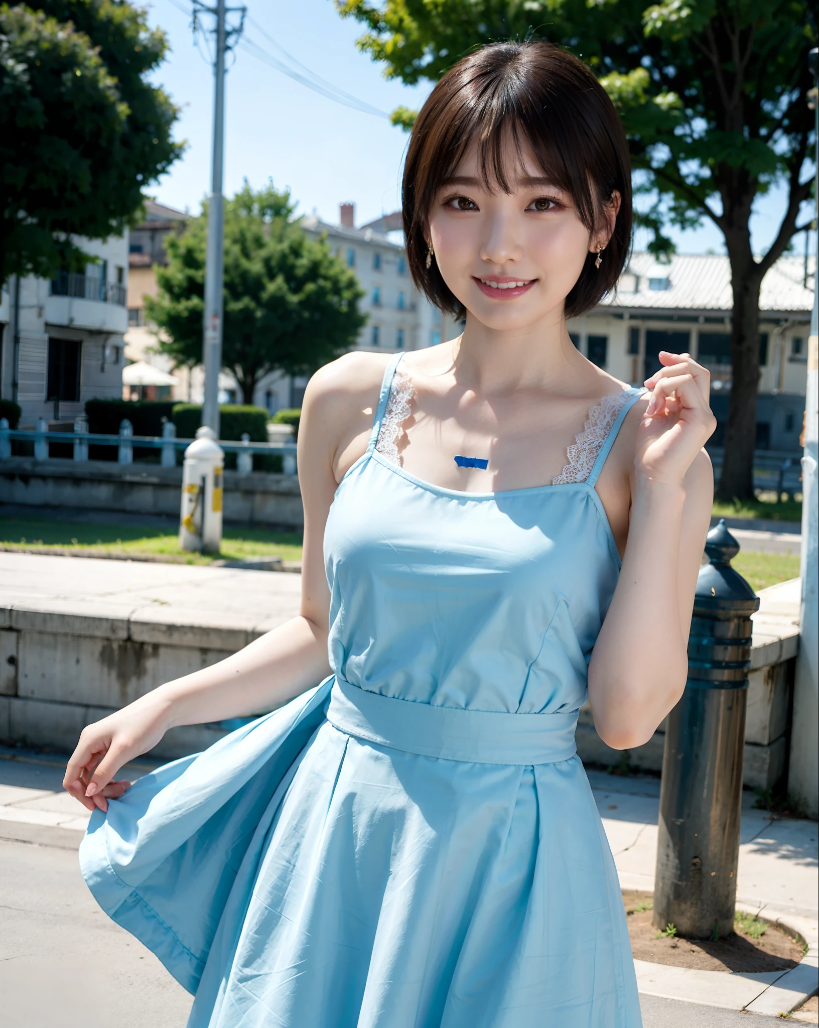 a woman posing on the street corner with light blue dress on, best quality, 1girl, large breasts, day, bright, blur background, bokeh, outdoor, (street:0.8), (people, crowds:1), (lace-trimmed dress:1.5, sleeveless dress, light blue clothes, light blue high-neck dress:1.2, blue dress: 1.5), gorgeous, (short hair, forehead:1.2), beautiful detailed sky, earrings, (dynamic pose:1.2), (upper body:0.8), soft lighting, wind, shiny skin, smile,