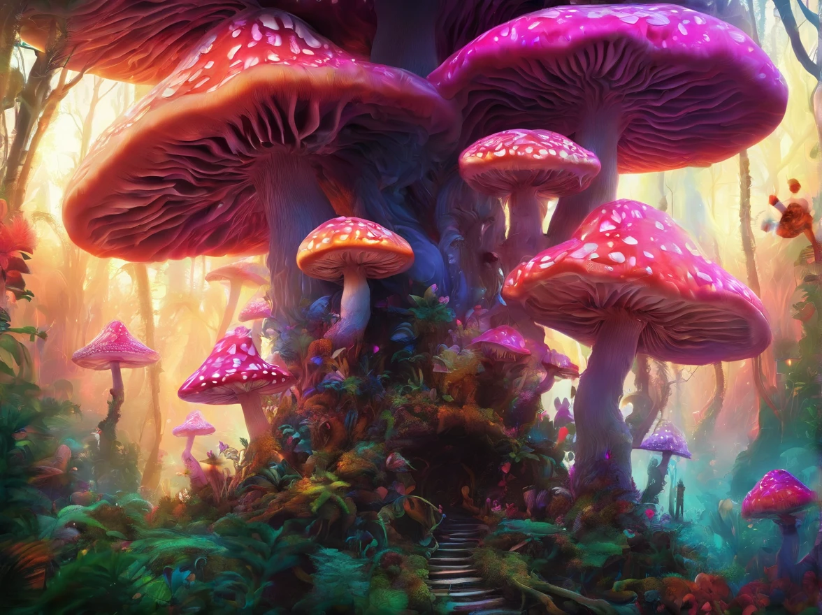 cogumelo trippy，Mushroom forest，Fantastic effect，Rainforest woods，a plant，(Masterpiece, Best quality), Intricate details, 8K, art  stations, Sharp focus,,