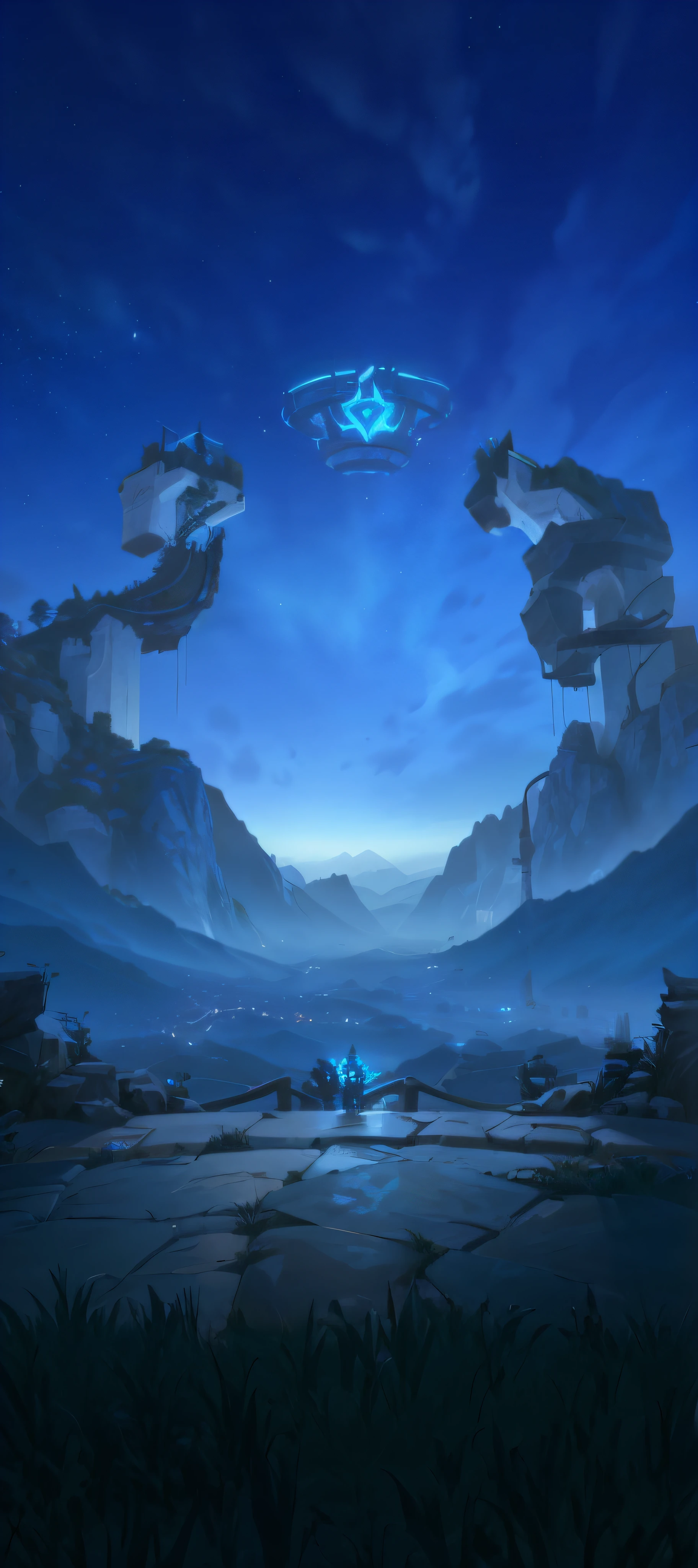 nighttime scene，Vast mountains，Stone platform，background-image，league of legends art style，unreal engine rendered