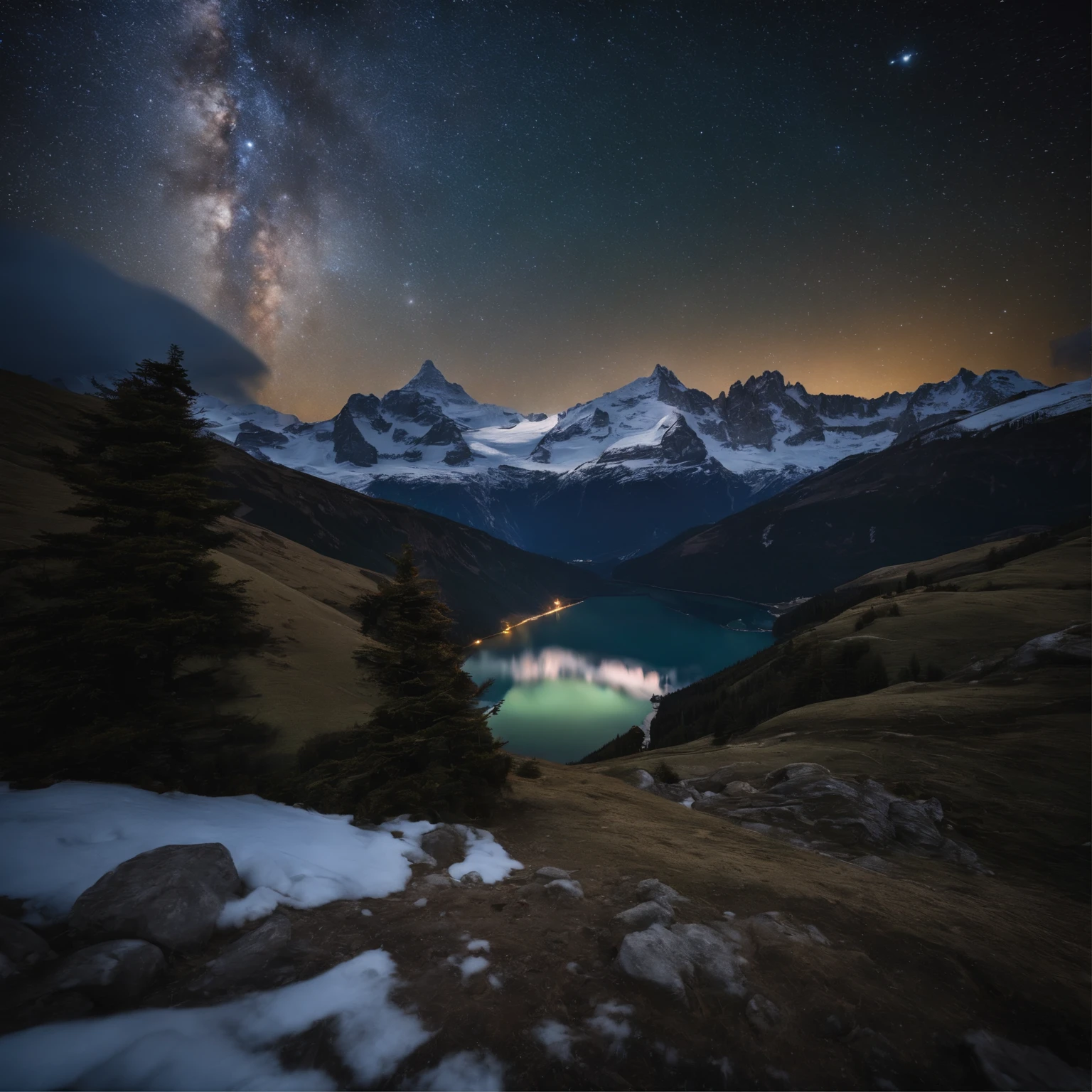 Master Parts、Superior Quality、superior image quality、The 8k quality、Beautiful pictures of the starry sky、magnifica、Arched Milky Way:1.9、snow mountains、Jungfrau