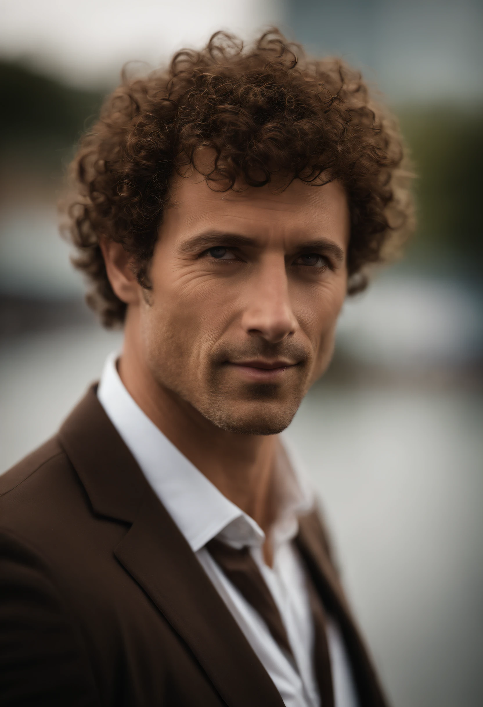 Cinematic portrait , a handsom man, Tall and fit, (40 years old:1.1), (shaven:1.2), (short brown fine curly hair :1.5),(very short fine curly hair:1.6). black tight suit, white shirt . Minimalistic background, clean composition, strong details, Muted Colours, Hasselblad, style raw