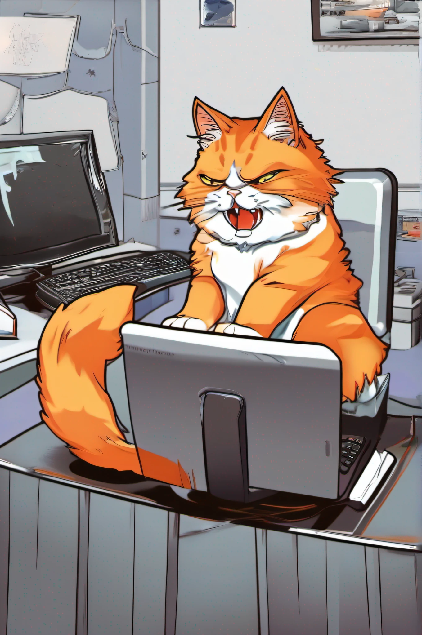 uploaded the e621, beautiful and detailed, woman (((female))) ((anthro)) Fox, (Averi, Fox girl), cinematic lighting, Fox, (anthro, fluffy fur), anthro fox girl, body fur, curvy, sexy, nice, cute, hot, comfortable anime-style cartoon-style, digital drawing, SFW, flat chest, green eyes, nervous smile, sassy, sassy hips, smug, fangs, looking at viewer, forest, indoors, lightning, tilted head, leaning sideways, raining, rain, wet fur, computer, desktop computer, table, gaming chair, chair, sitting, sitting on chair, sitting with legs up