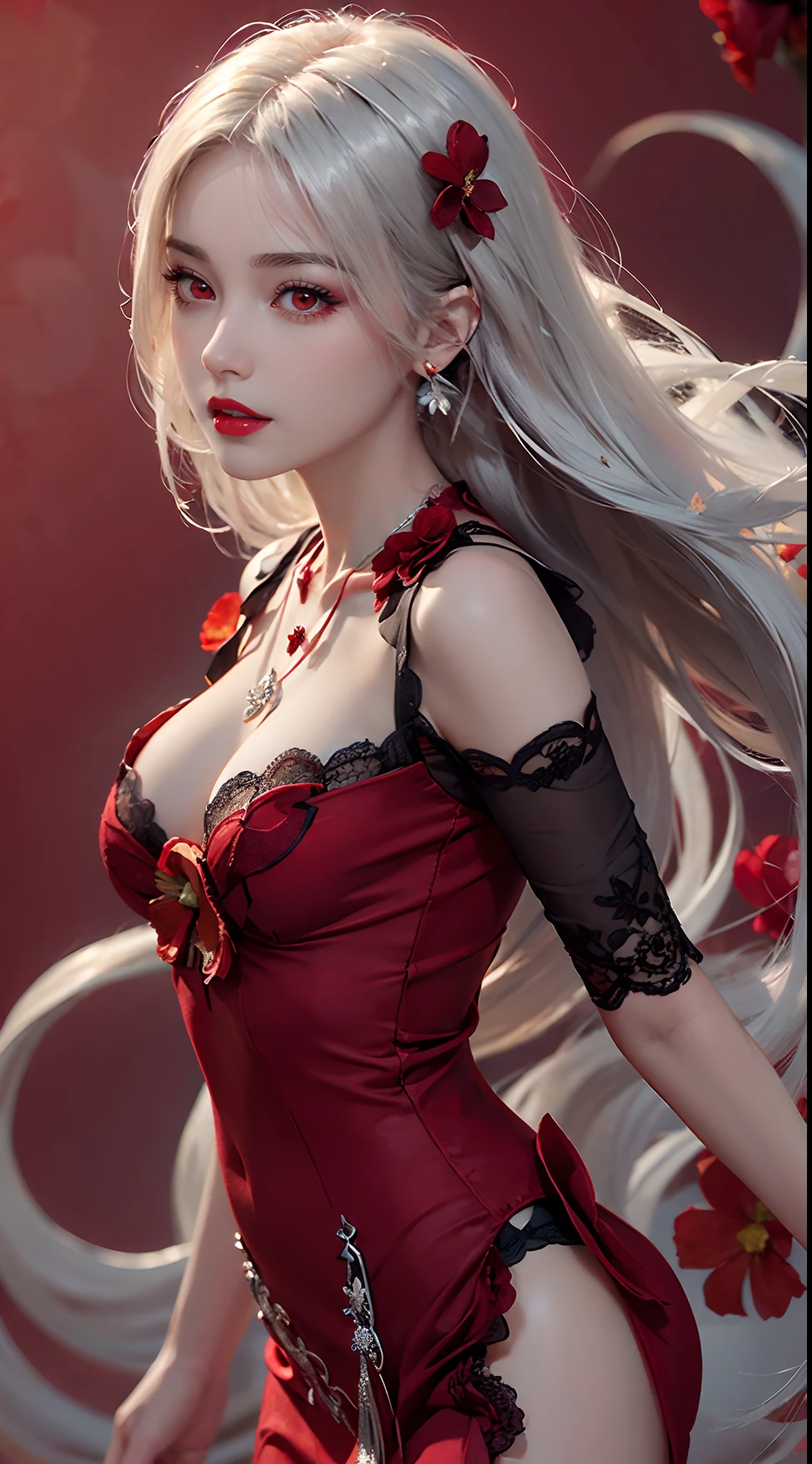 A beautiful and sexy 20 year old girl, ((wearing a super thin red dress:1.8)), dress with diamonds, ((long platinum hair:1.6)), bangs, elaborate jewelry made from stones noble and beautiful hair, ( (wearing black lace necklace:1.4))), noble, noble style of an extremely beautiful girl, super cute small face, very pretty face, eyebrows sparse, beautiful, flawless face, ((black eye pupils: 0.8) )), very beautiful eyes, ((light red eyes: 1.5)), beautiful makeup and hair, detailed eyelashes, makeup wet eyes, high nose, earrings, red lips, ((closed mouth: 1;5 )) beautiful lips, slim hands, most beautiful thighs, ((arms spread out to the sides: 1.5) ), pink face proud, clean face, flawless beautiful face, smooth white skin, (big breasts: 1.5)), ((high breasts: 1.6) ), firm breasts, beautiful cleavage, (((big and super breasts round: 1.8))), ((super tight breasts: 1.7)) , beautiful breasts, back sleeves, exposed chest, thin black mesh stockings with black lace border, perfect body, 8k photo, super high quality, super realistic, super 10x pixels, optical study, light studio, edge light, two-tone light, (high detail skin:1.2), super 8k, soft light, high quality, volumetric light, optical, high resolution optical , lighting, best photo, 4k, 8k quality, blur effect, smooth sharpness, 10 x pixels, ((red flower background:1.7)), aurora, lightning, super realistic graphics, map most realistic painting, alone, solo, extremely sharp image, surreal, upper body girl, (((frontal portrait: 1.6)))."