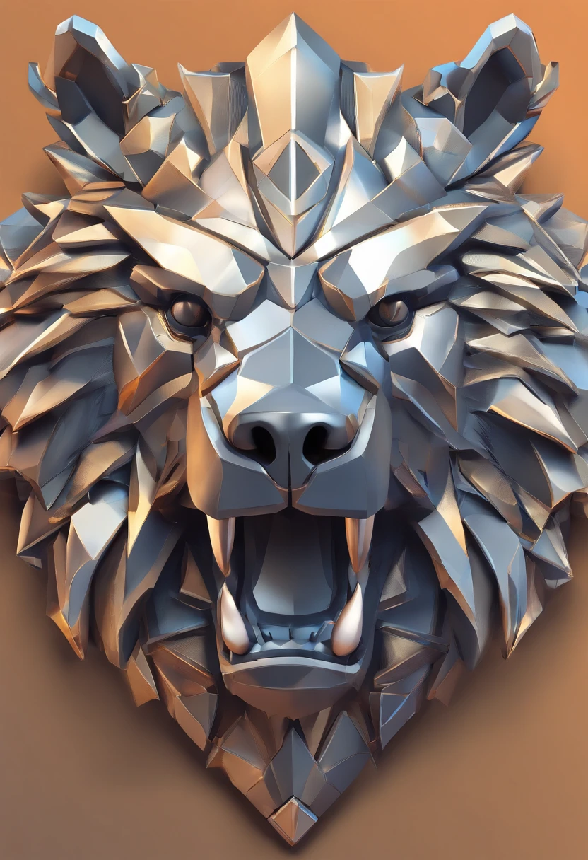 Game medallion with metal bear head close-up with crown,Close-up of dragon head,hearthstone art style, Hearthstone style art, hearthstone concept art, Riot game concept art, style of league of legends, iconic character splash art, League of Legends crown,Game badge,Surrounding metal feathers,Orange gold,c4d渲染,Less detail,less detailing,Huge metal bear head in the middle,The head has gorgeous gemstones