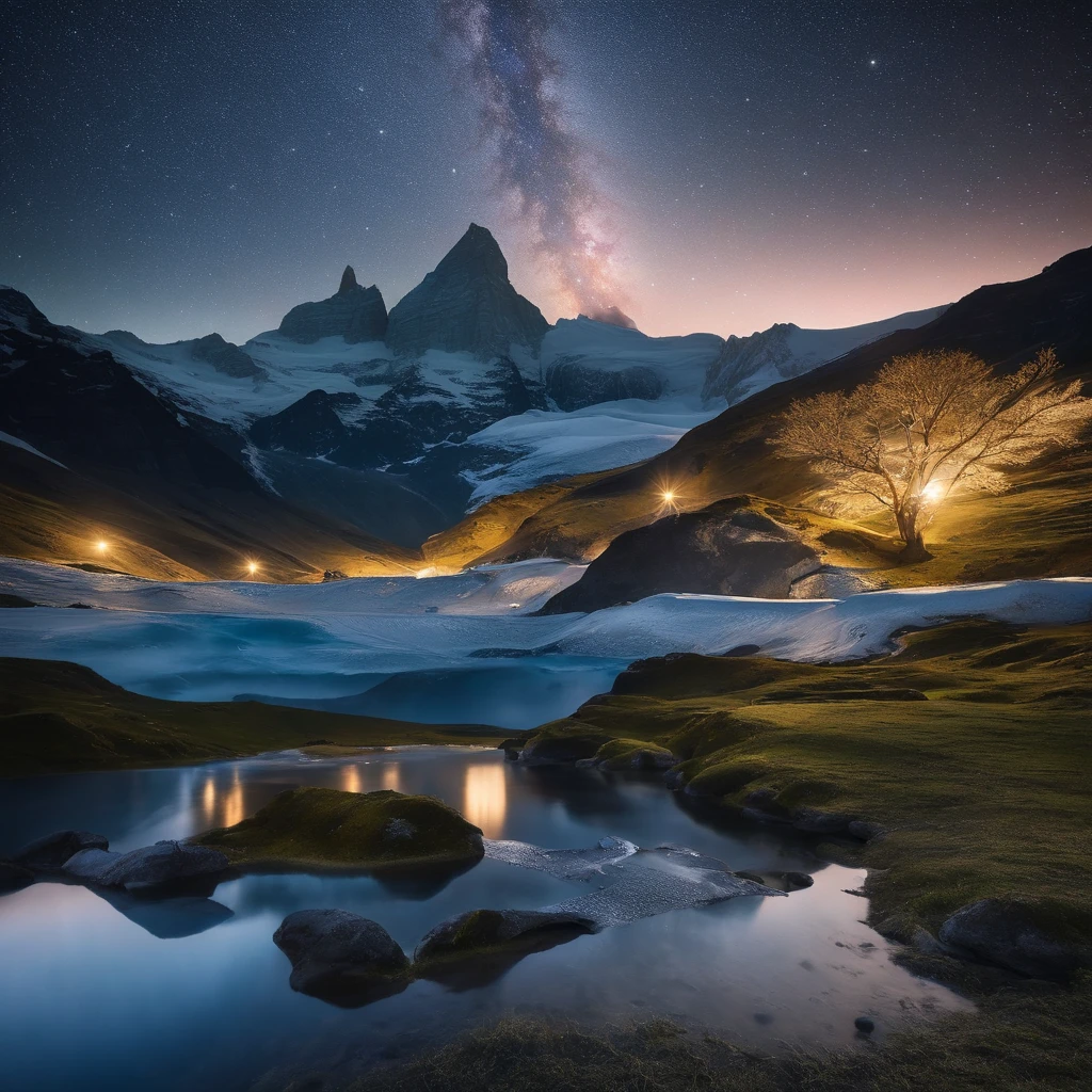 Master Parts、Superior Quality、superior image quality、The 8k quality、Beautiful pictures of the starry sky、magnifica、Arched Milky Way:1.9、snow mountains、Jungfraujoch