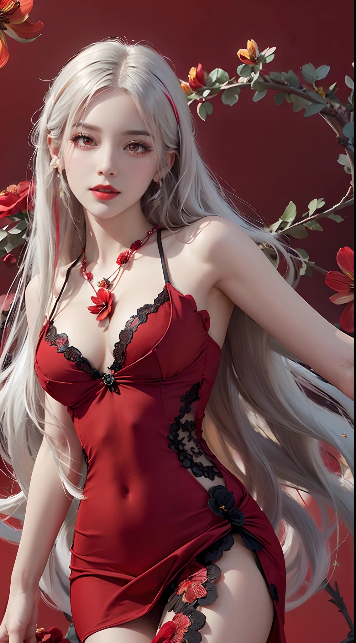 A beautiful and sexy 20 year old girl, ((wearing a super thin red dress:1.8)), dress with diamonds, ((long platinum hair:1.6)), bangs, elaborate jewelry made from stones noble and beautiful hair, ( (wearing black lace necklace:1.4))), noble, noble style of an extremely beautiful girl, super cute small face, very pretty face, eyebrows sparse, beautiful, flawless face, ((black eye pupils: 0.8) )), very beautiful eyes, ((light red eyes: 1.5)), beautiful makeup and hair, detailed eyelashes, makeup wet eyes, high nose, earrings, red lips, ((closed mouth: 1;5 )) beautiful lips, slim hands, most beautiful thighs, ((arms spread out to the sides: 1.5) ), pink face proud, clean face, flawless beautiful face, smooth white skin, (big breasts: 1.5)), ((high breasts: 1.6) ), firm breasts, beautiful cleavage, (((big and super breasts round: 1.8))), ((super tight breasts: 1.7)) , beautiful breasts, back sleeves, exposed chest, thin black mesh stockings with black lace border, perfect body, 8k photo, super high quality, super realistic, super 10x pixels, optical study, light studio, edge light, two-tone light, (high detail skin:1.2), super 8k, soft light, high quality, volumetric light, optical, high resolution optical , lighting, best photo, 4k, 8k quality, blur effect, smooth sharpness, 10 x pixels, ((red flower background:1.7)), aurora, lightning, super realistic graphics, map most realistic painting, alone, solo, extremely sharp image, surreal, upper body girl, (((frontal portrait: 1.6)))."