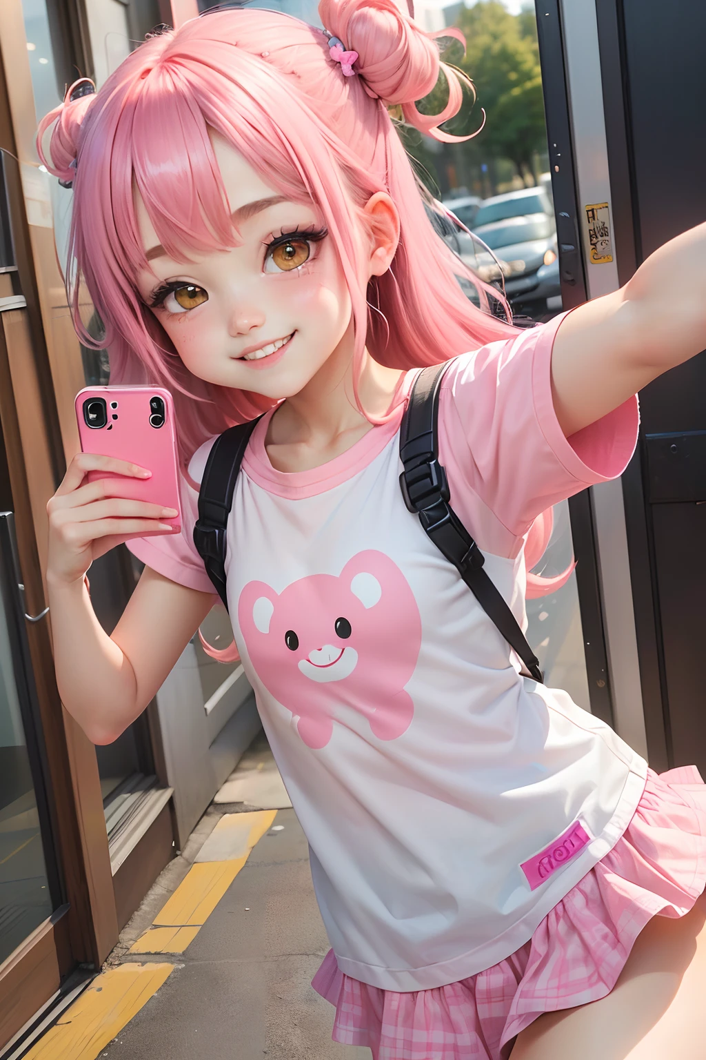 loli girl, pink dtraight hair, emo, happy face, cute selfie