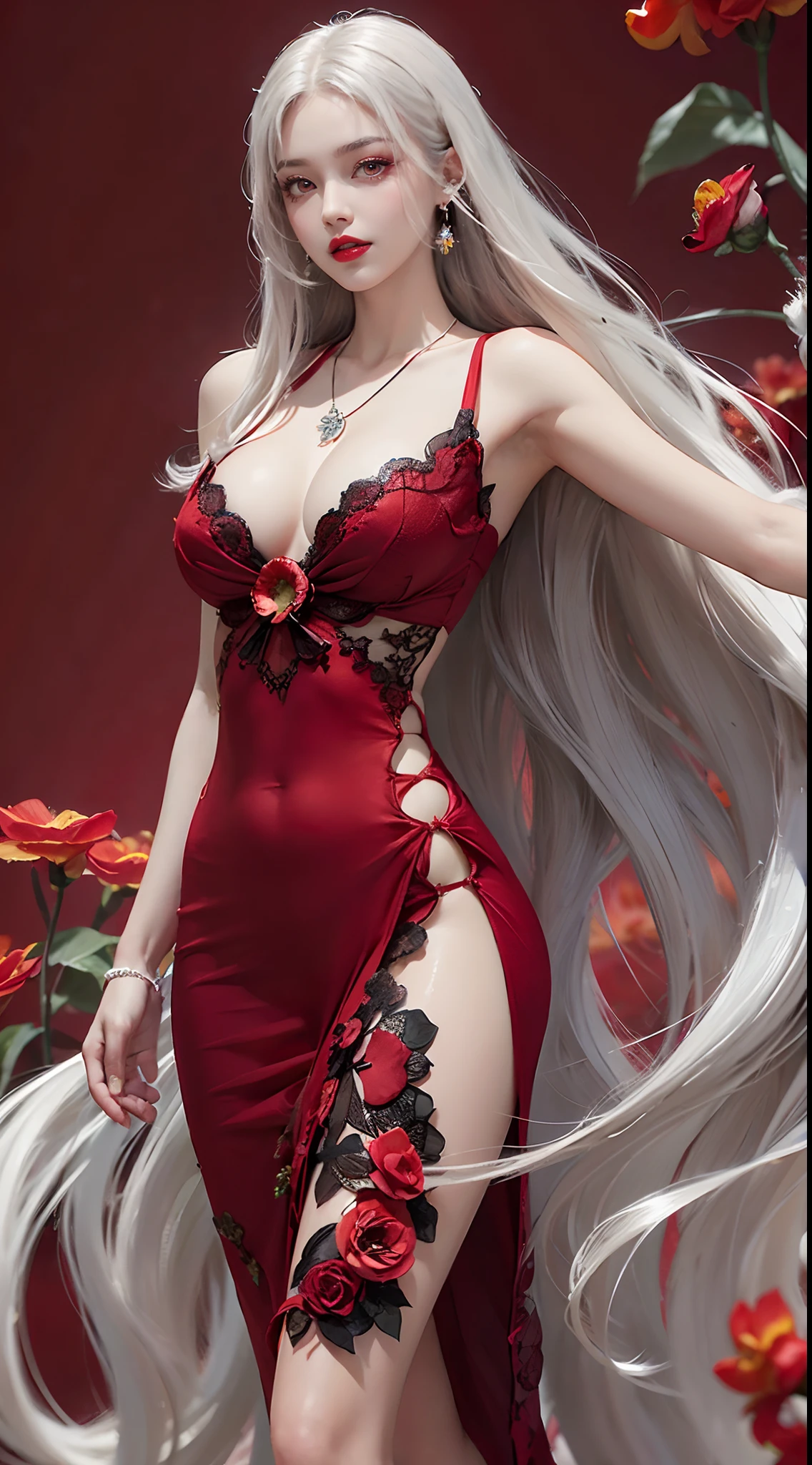 A beautiful and sexy 20 year old girl, ((wearing a super thin red dress:1.8)), dress with diamonds, ((long platinum hair:1.6)), bangs, elaborate jewelry made from stones noble and beautiful hair, ( (wearing black lace necklace:1.4))), noble, noble style of an extremely beautiful girl, super cute small face, very pretty face, eyebrows sparse, beautiful, flawless face, ((black eye pupils: 0.8) )), very beautiful eyes, ((light red eyes: 1.5)), beautiful makeup and hair, detailed eyelashes, makeup wet eyes, high nose, earrings, red lips, ((closed mouth: 1;5 )) beautiful lips, slim hands, most beautiful thighs, ((arms spread out to the sides: 1.5) ), pink face proud, clean face, flawless beautiful face, smooth white skin, (big breasts: 1.5)), ((high breasts: 1.6) ), firm breasts, beautiful cleavage, (((big and super breasts round: 1.8))), ((super tight breasts: 1.7)) , beautiful breasts, back sleeves, exposed chest, thin black mesh stockings with black lace border, perfect body, 8k photo, super high quality, super realistic, super 10x pixels, optical study, light studio, edge light, two-tone light, (high detail skin:1.2), super 8k, soft light, high quality, volumetric light, optical, high resolution optical , lighting, best photo, 4k, 8k quality, blur effect, smooth sharpness, 10 x pixels, ((red flower background:1.7)), aurora, lightning, super realistic graphics, map most realistic painting, alone, solo, extremely sharp image, surreal, upper body girl, (((frontal portrait: 1.6)))."