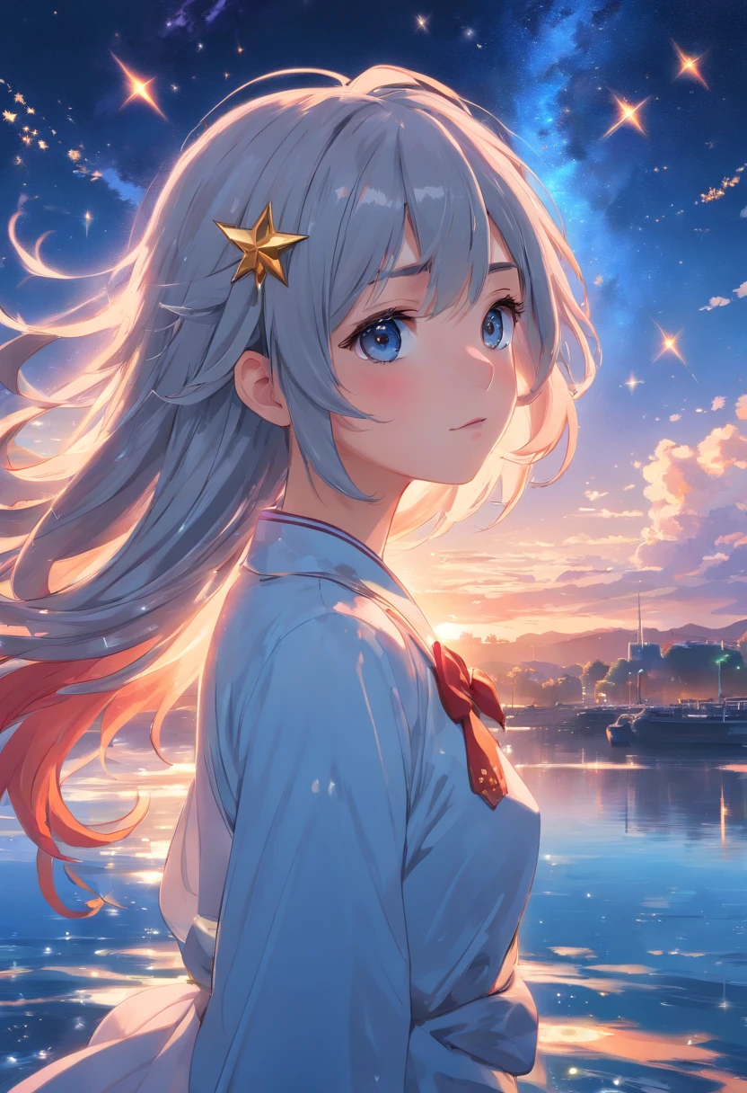 ((masterpiece)), ((best quality)), ((illustration)), extremely detailed,style girl, long shot, small breast,light grey very_long_hair, scifi hair ornaments, beautiful detailed deep eyes, beautiful detailed sky, beautifuldetailed water, cinematic lighting, dramatic angle, (very long sleeves), frills, formal, close to viewer, (an extremely delicate and beautiful),best quality,highres,official art,extremely detailed CG unity 8k wallpaper,  ((starry sky)), star river,array stars, Holy, noble, ((oil painting)) , ((wallpaper 8k CG)), (realistic), Concept Art, vary blue and red and orange and pink hard light, intricate light, dynamic hair, haircut, dynamic fuzziness, beautiful and aesthetic, intricate light, manga and anime