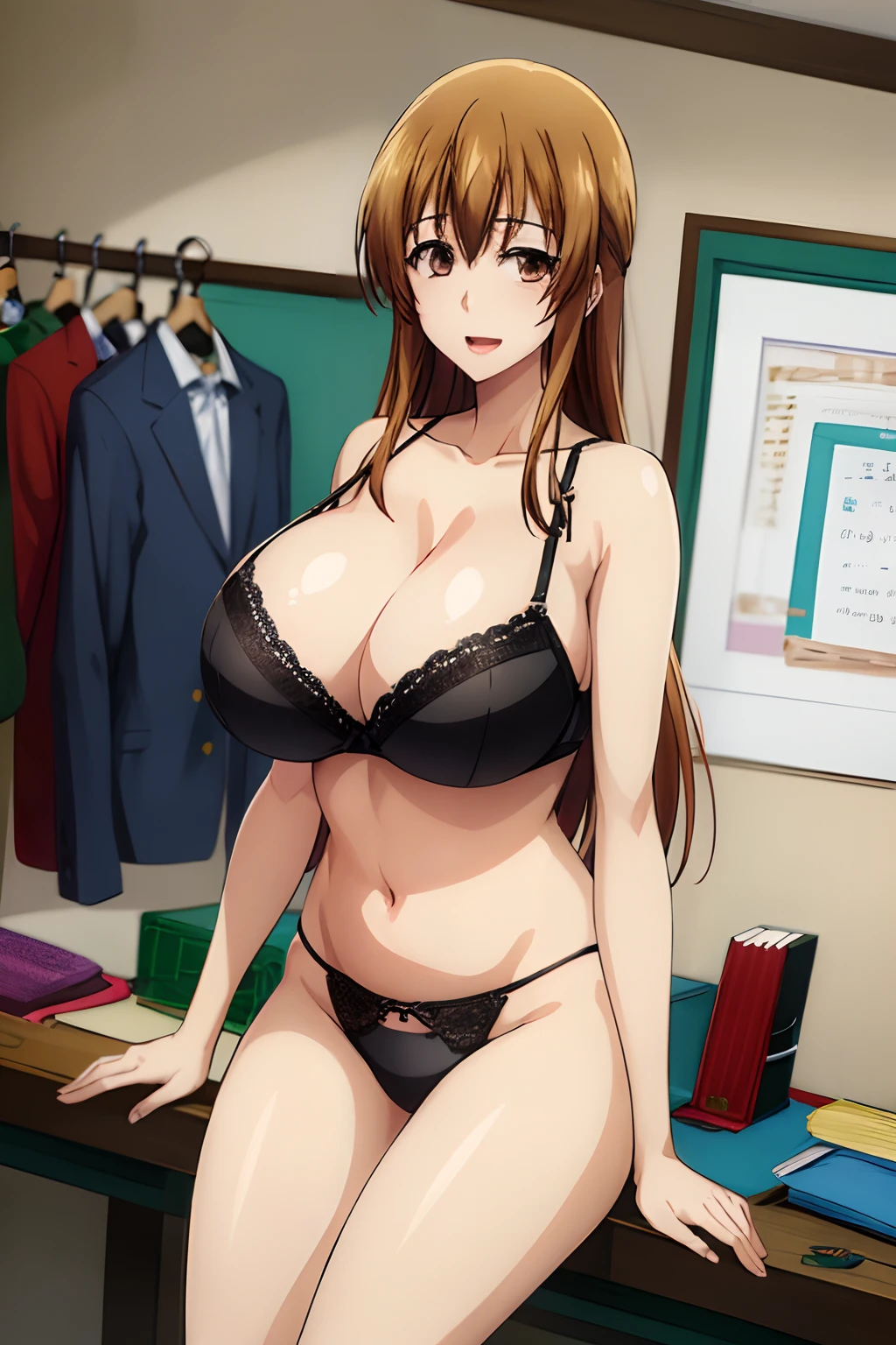 best quality, (masterpiece:1.2), highly detailed, 1girl, kotegawa nanaka, black bra, black panties, garterbelt,  lingerie, looking at viewer, slight smile, open mouth, brown eyes, brown hair, long hair, (huge tits), cleavage, busty, (fullbody), at room, high heels,