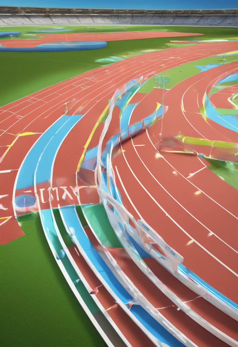 Winding track and field with blue skies and white clouds and sports fields in the background