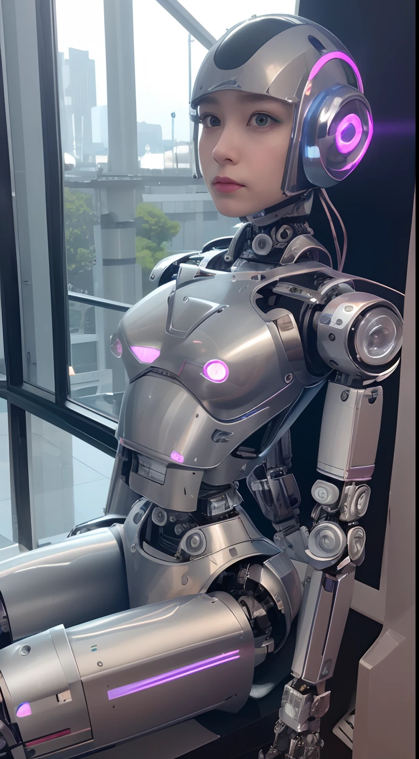 top-quality、masterpiece、超A high resolution、(Photorealsitic:1.4)、Raw photo、1 full-body cyborg girl、sixteen years old、((a beauty girl))、(cute girl) , NOhumans、(32K、 Raw photography:1.2、best qualtiy:1.4、超A high resolution:1.2、masterpiece:1.0)、 (cyberpunked:1.3)、(bio punk:1.3)、(Female Android:1.5)、((Body parts are robot parts:1.8))、(Female Cyborg)、(Wear cyborg armor:1.5)、Black Iron Robot Parts、Electromechanical、The head is human、a beauty girl、Making the most of the physical characteristics of women、Cabling to the Console、full body Esbian、Luminous Eyes、Metal Robot、The whole body is the body of a combat robot、Metal armor on the chest、Mechanical chest armor with LED indicators and meters, Robot arms and legs、Exposed metal skeleton of the abdomen、Metal skeleton of the cervical region、Under repair、destroyed body、Metal Mechanical Bra、Full Body Metal Skin、Metal bodysuit、Metal scales covering the whole body、body made of metal、Whole body metal、a beauty girl、prosthetic hand、artificial leg、Full body cyborg、Exposed metal skeleton、Asian Beauty、cyberpunked、steampunc、Inside the futuristic space battleship、laboratory、Complex 3d rendering beautiful porcelain profile ultra detailed female type android face、dark brown hair、glowy skin、((super realistic details))、portlate、globalillumination、Shadow、octan render、metals、Details of complex ornaments、Japan details、highly intricate detail、Realistic light、CGSoation Trends、a purple eye、radiant eyes、Facing the camera、neon details、Mechanical limbs、blood vessels connected to tubes、Mechanical vertebrae attached to the back、mechanical cervical attaching to neck、sitting on、Wires and cables connecting to the head、Gundam、Small LED lamp、masterpiece、 Metal Robot、body made of metal、Whole body metal、prosthetic hand、artificial leg、Full body cyborg、Exposed metal skeleton、Asian Beauty、cyberpunked、steampunc、Futuristic cities、laboratory、Complex 3d rendering beautiful porcelain profile super detailed female android face、cyborgs、roboticparts、150mm、beautiful studi