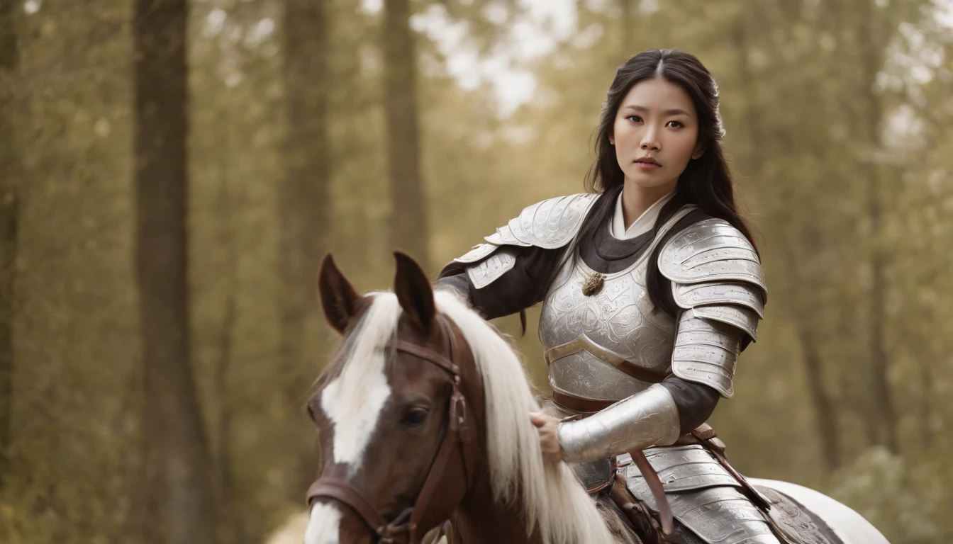 CGI artwork,Original Drawing,white metallic armor,Heavily armored samurai,Oriental samurai,femele,long whitr hair,ride horse,Dark horse