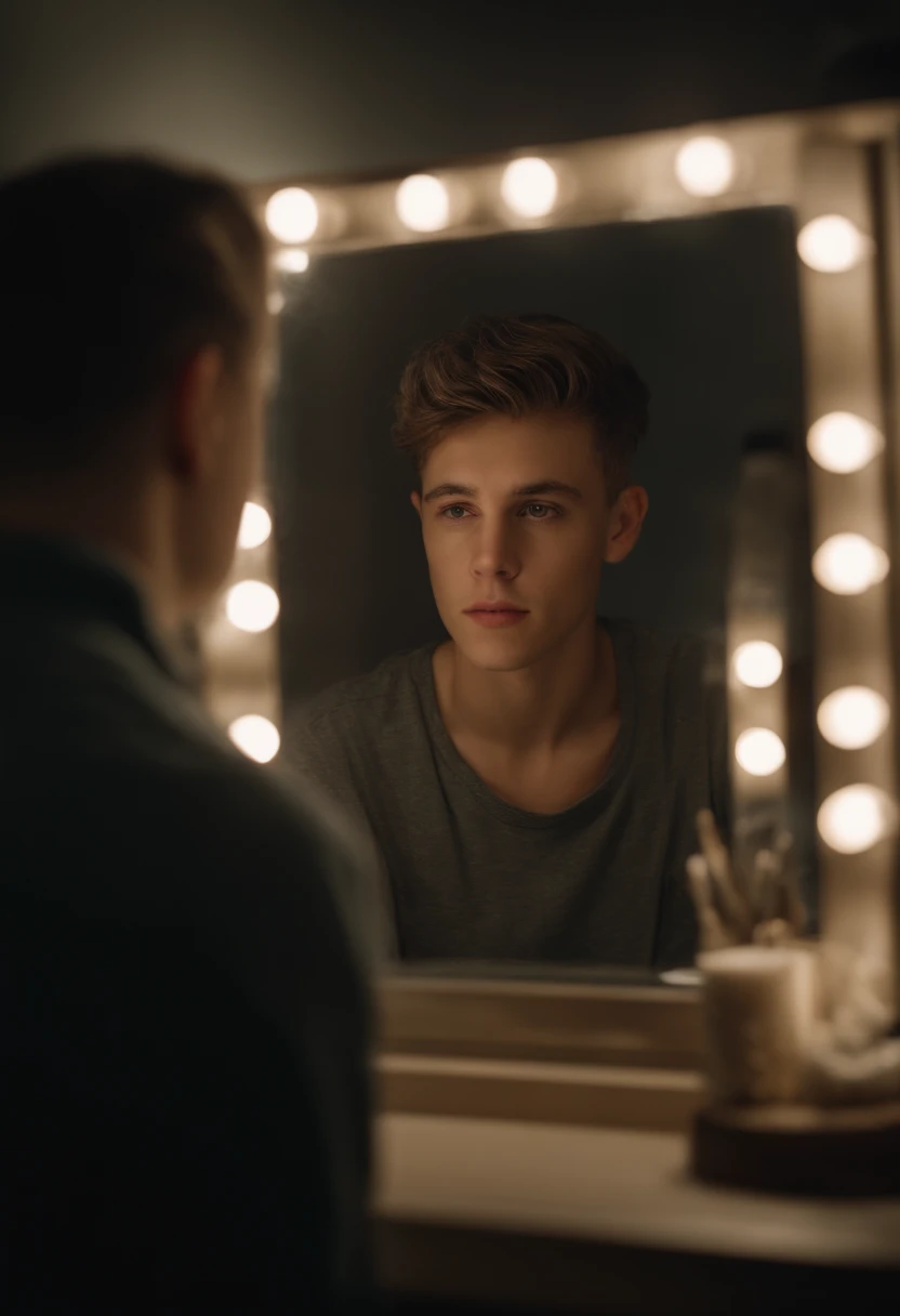The picture shows a teenager looking in the mirror，But in the mirror is a middle-aged man，The picture is realistic and realistic，