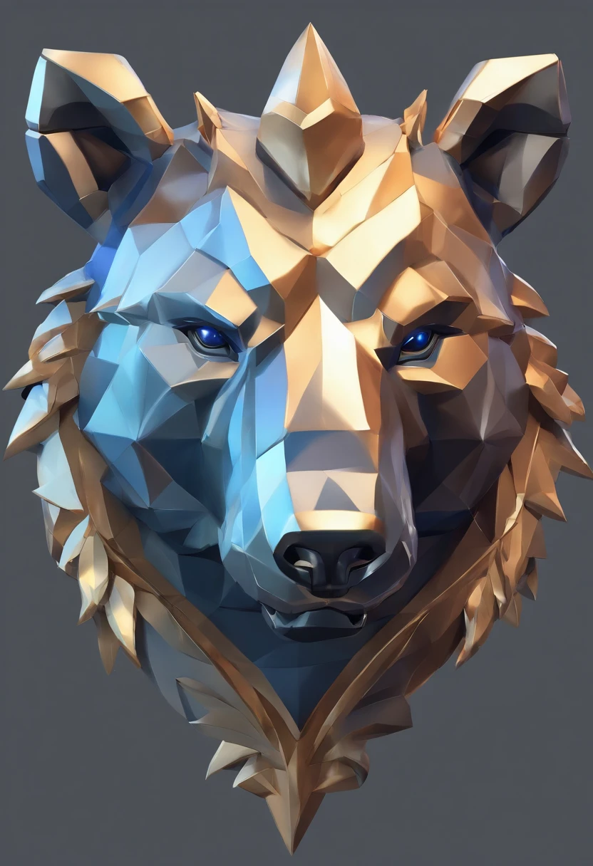 Game medallion with metal bear head close-up with crown,Close-up of dragon head,hearthstone art style, Hearthstone style art, hearthstone concept art, Riot game concept art, style of league of legends, iconic character splash art, League of Legends crown,Game badge,Surrounding metal feathers,Blue gold,c4d渲染,Less detail,less detailing,Huge metal bear head in the middle,The head has gorgeous gemstones