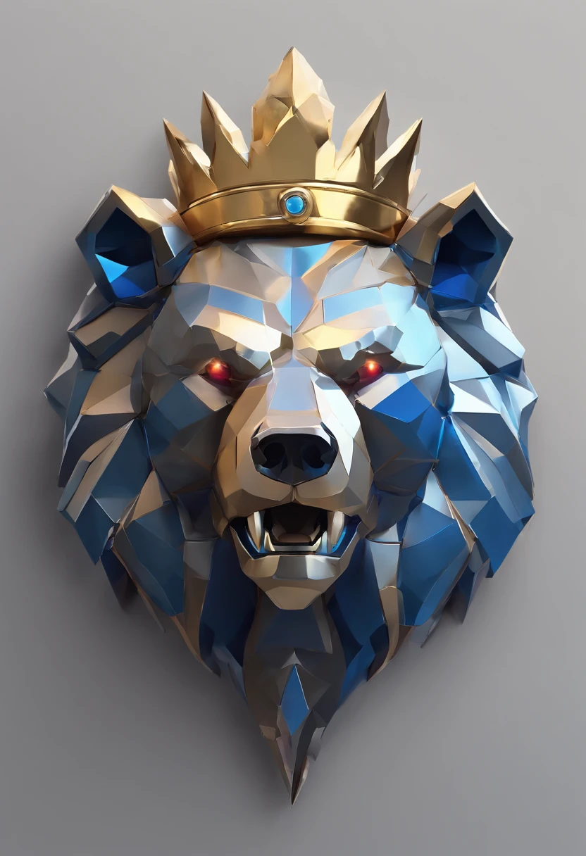 Game medallion with metal bear head close-up with crown，Close-up of dragon head，hearthstone art style, Hearthstone style art, hearthstone concept art, Riot game concept art, style of league of legends, iconic character splash art, League of Legends crown，Game badge，Surrounding metal feathers，Blue gold，c4d渲染，Less detail，less detailing，Huge metal bear head in the middle，The head has gorgeous gemstones