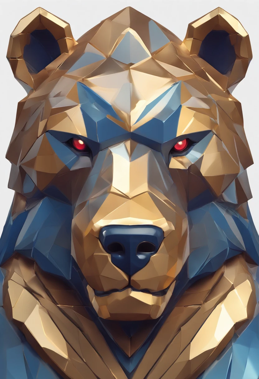 Game medallion with metal bear head close-up with crown，Close-up of dragon head，hearthstone art style, Hearthstone style art, hearthstone concept art, Riot game concept art, style of league of legends, iconic character splash art, League of Legends crown，Game badge，Surrounding metal feathers，Blue gold，c4d渲染，Less detail，less detailing，Huge metal bear head in the middle，The head has gorgeous gemstones