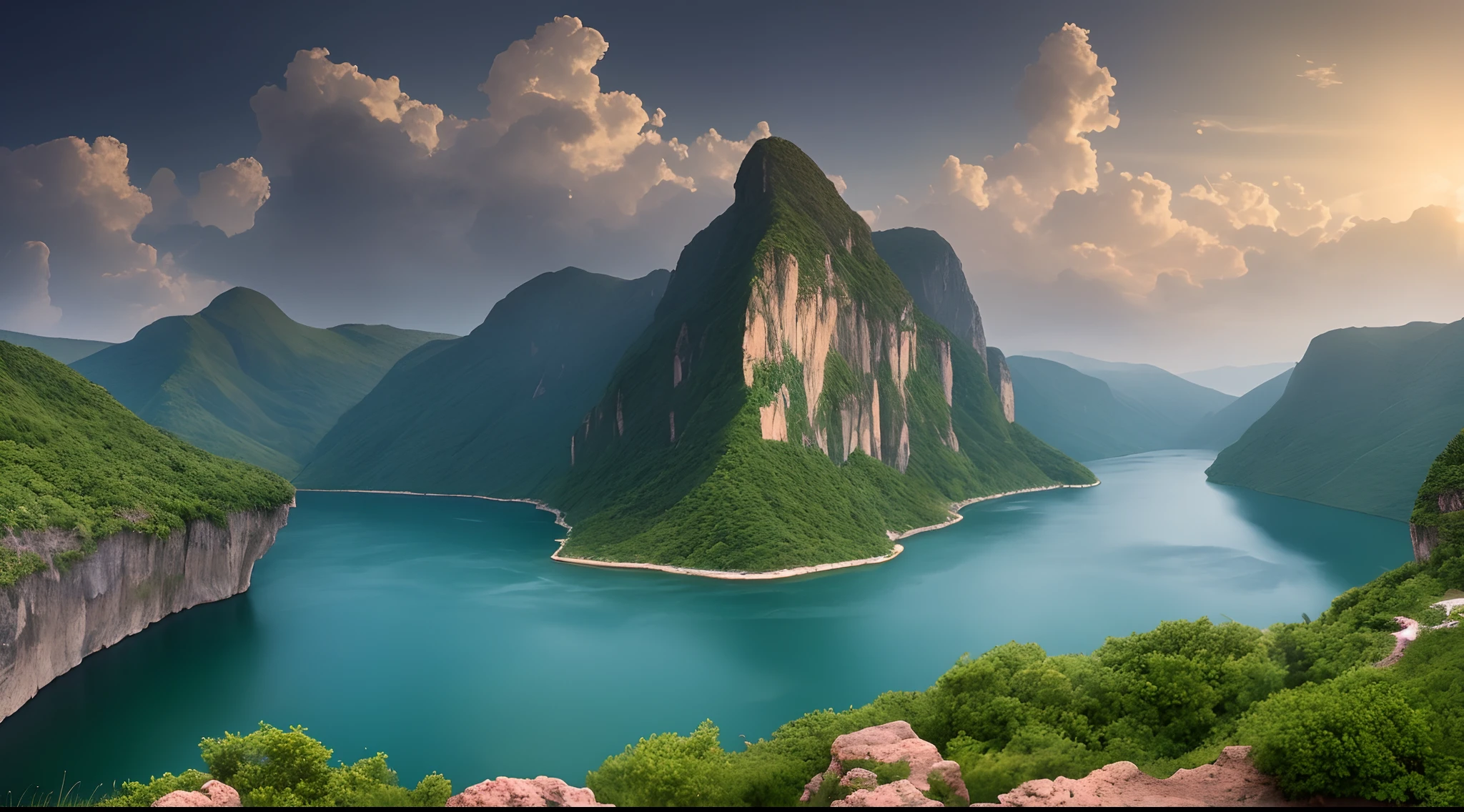 Masterpiece, ultimate quality, Cg unity 8k wallpaper, super delicate, beautiful sky and clouds, rich natural scenery, cliffs, lakes and rivers, waterfalls and flying water, beautiful green mountains, no trace of people, excellent scenery, has already won a photo contest, background Blurring, full depth of field, HDR high dynamics, true restoration, intricate, extreme details, dramatic presentation, perfectly presenting the style of midjourney art.